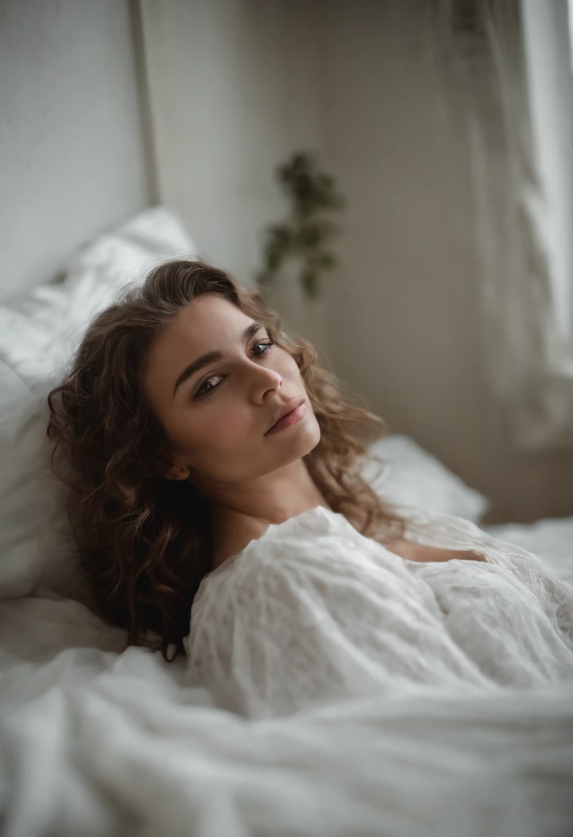 (masterpiece, best quality:1.1), (a selfie of a 1 young sexy teen girl, shot with an iPhone), (nphot, night, dark room, no lights:1.1), (pale skin, skinny, short brown fair, messy hair, white t-shirt, black thong, lies on the bed, head on the pillow), (top view, top angle:1.1), (detailed skin, detailed skin texture:1.1), POV, looking at the viewer