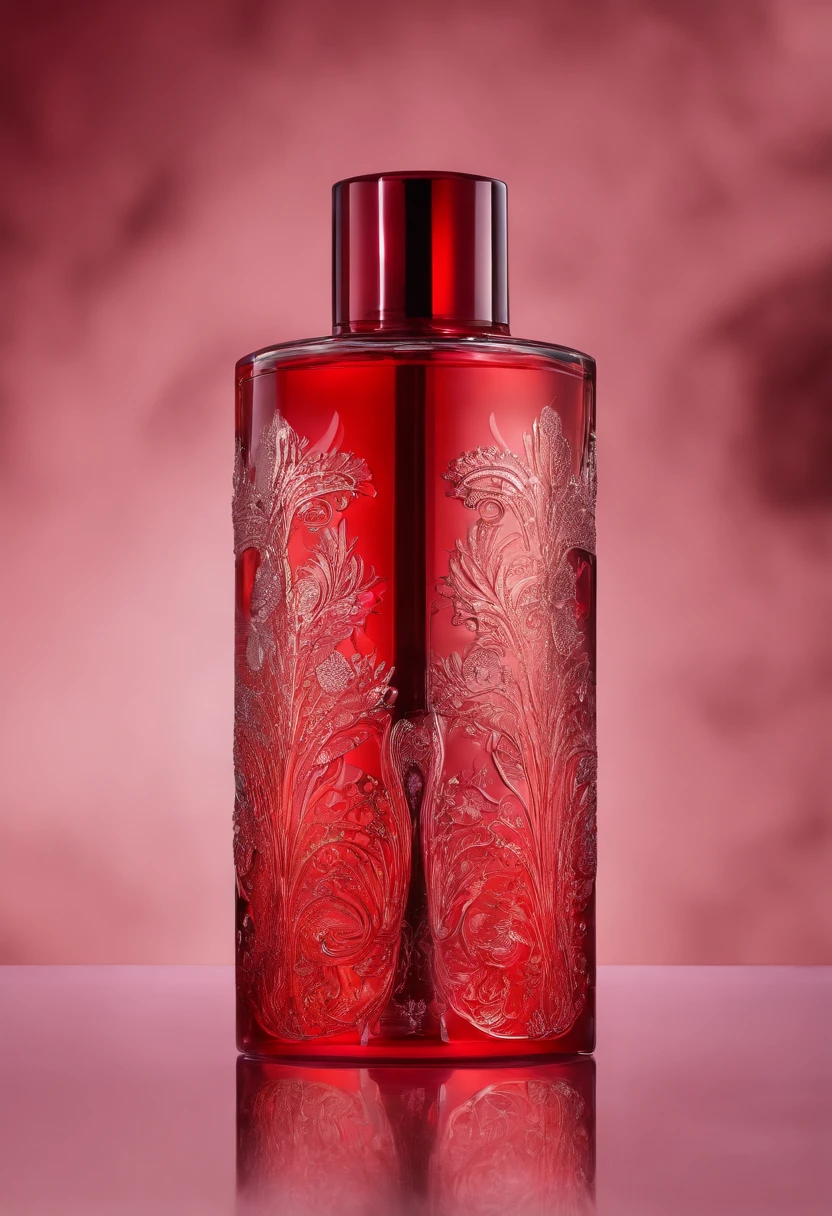 Creative product photography,cosmetics collection,glass beauty,intricate and delicate bottle design,Interstellar dust,mysterious red,red tone,minimalism,incredibly fine brush lines,complex material craftsmanship,Baroque style,Bauhaus aesthetics,future art product design
