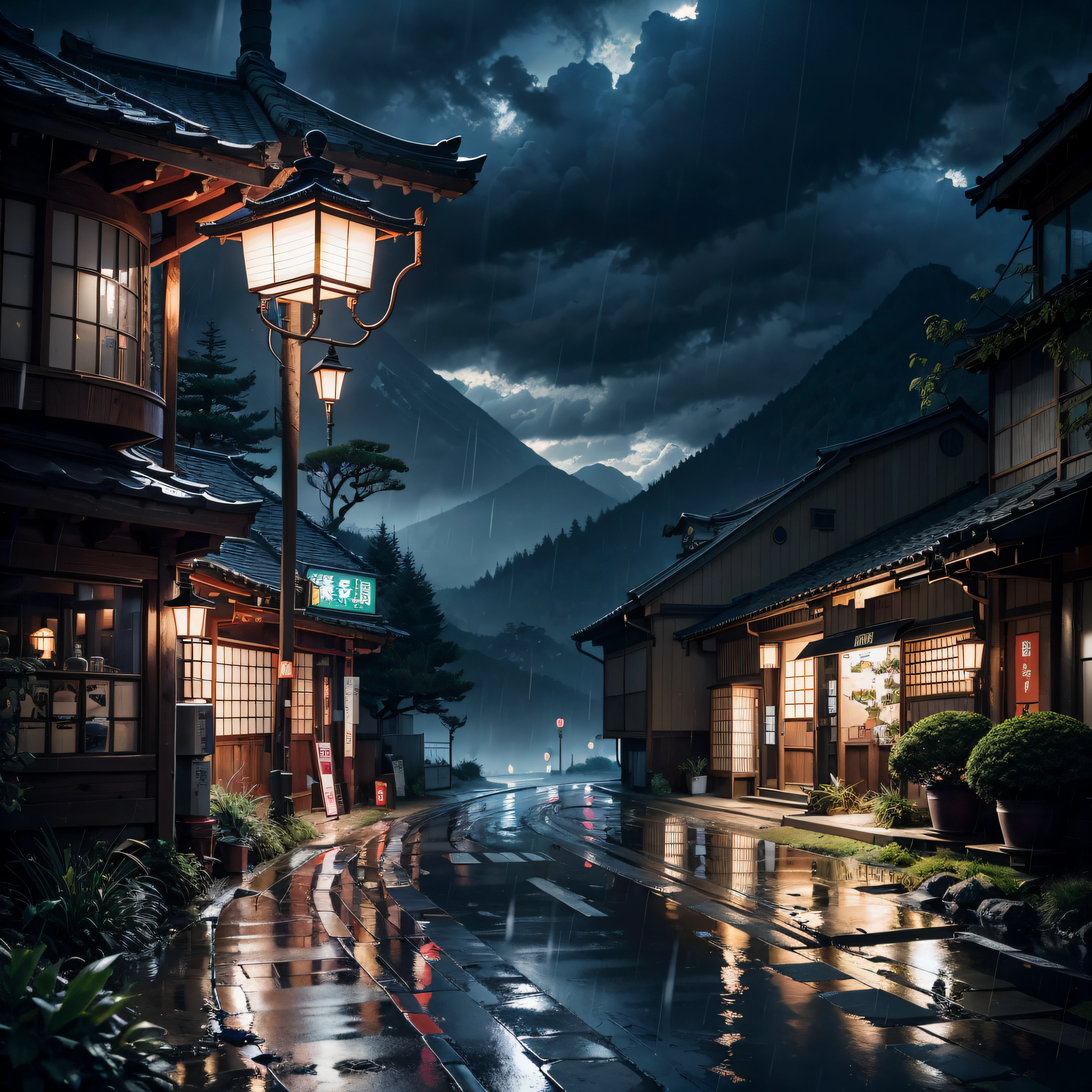There are street lights on rainy nights, japanese town, Japan. Volumetric lighting, in a japanese town at night, Japan at night, japanese street, rainy evening, japanese city at night, japanese village, andreas rocha style, rainy evening, japanese city, inspired by Andreas Rocha, rainy day. Game Rendering, Beautiful and cinematic lighting
