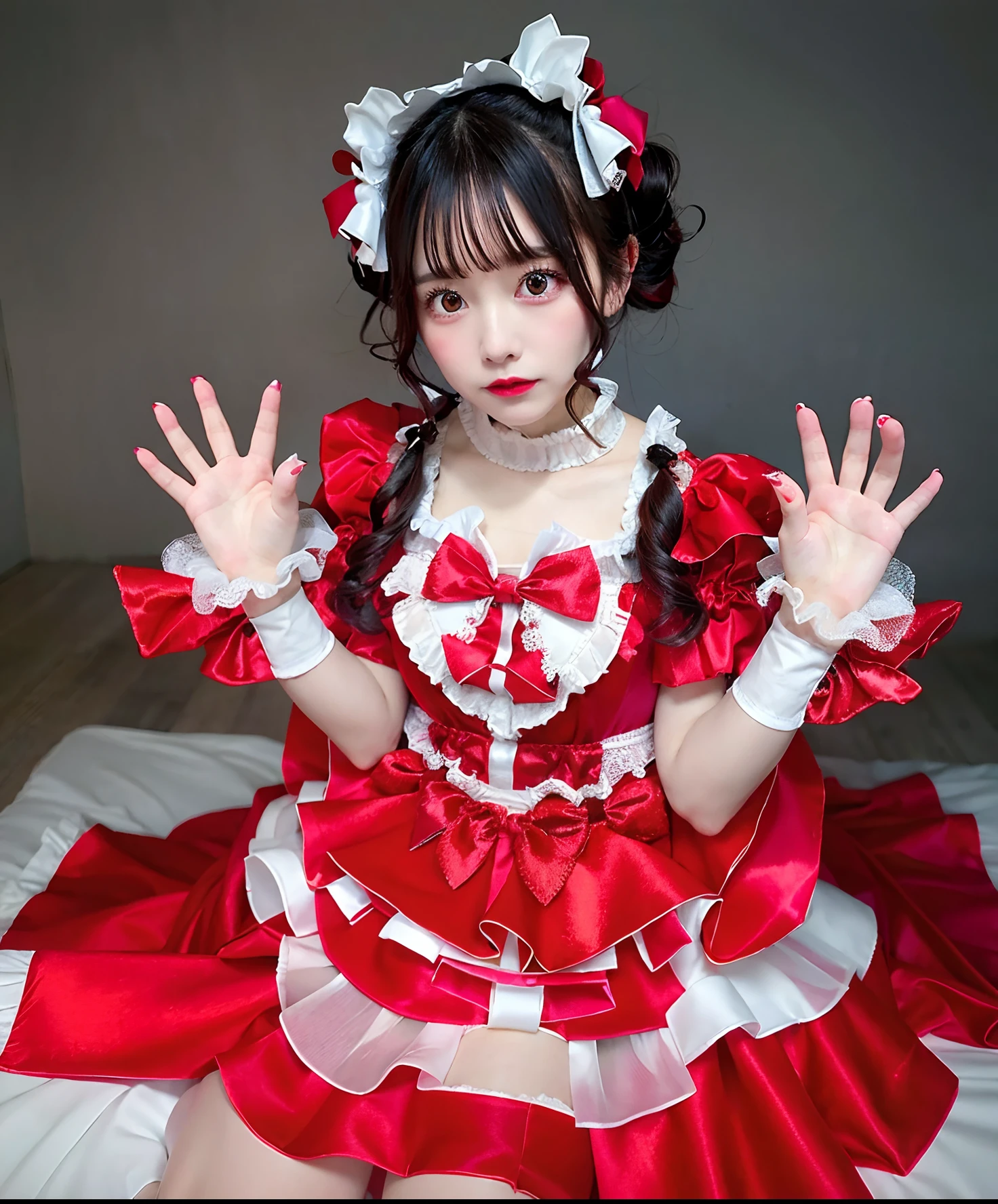Woman in red satin dress posing for photo, angelic pretty, Belle Delphine, fairycore, kawaii decora rainbowcore, portrait of the magical ta girl, Lolityle, y 2 k cutecore clowncore, cutecore, Lolita Fon, by Ayami Kojima, kinomoto sakura, Satin costume with frills, Lori, juri misaki