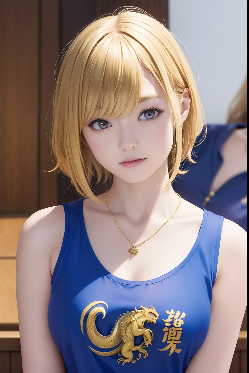 The upper part of the body、an oil painting、masterpiece、top-quality、hight resolution、Blonde Bob Hair、Golden hair、Blue tank top、bustshot、The letters on the shirt are(drak)、Sleepy face、sleepy、Dragon printed on shirt、The dragon is depicted on the chest of the clothes、Star-shaped necklace、