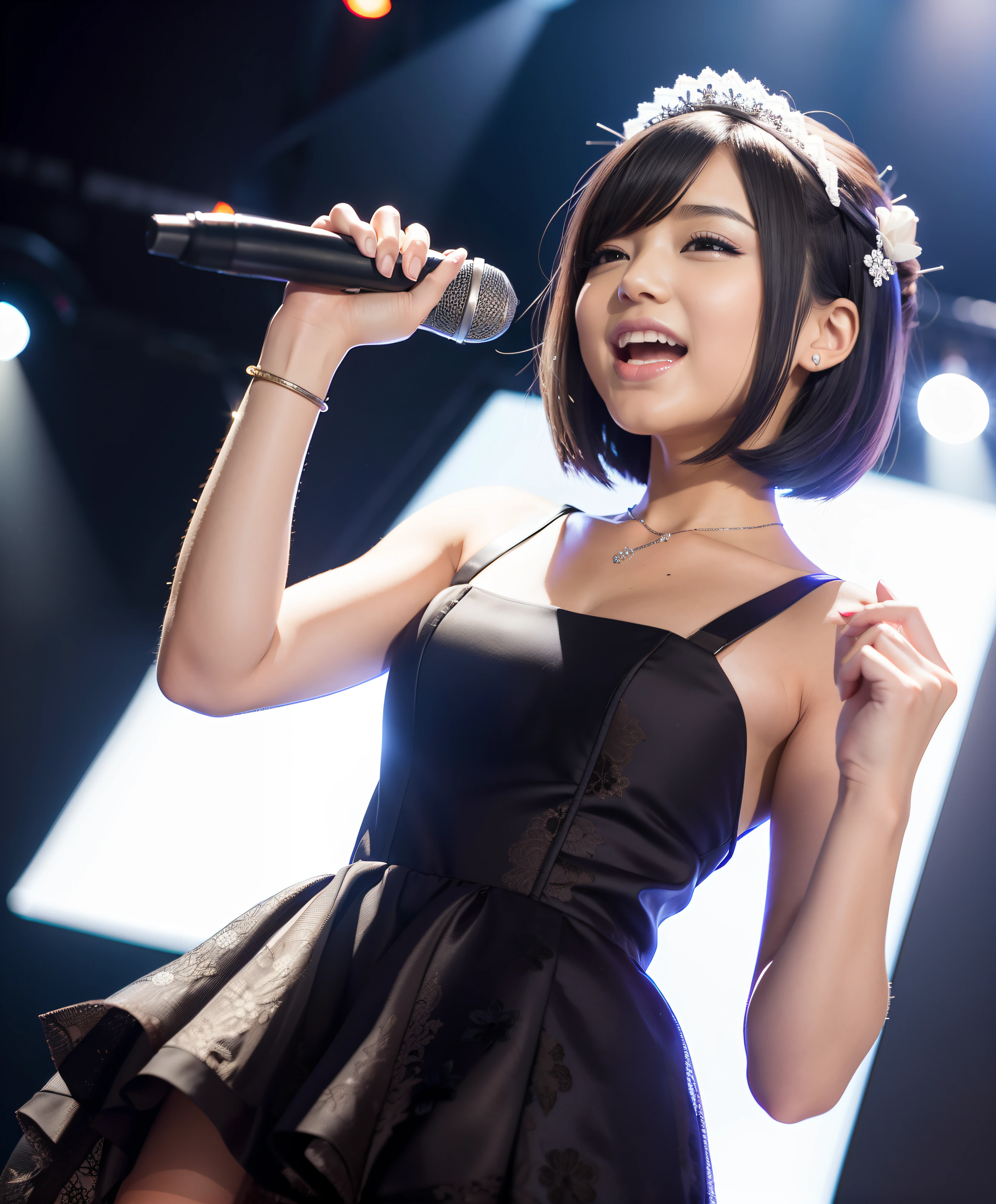 最high quality,Very detailed,finely,High resolution,8k wallpaper,Perfect dynamic composition,Young Japanese Woman,Age 25, Black Hair, thin, 4K, 8k, high quality, beauty, smile, Beautiful Eyes, Characterized by simplicity, High resolution,1 person,Japanese Idols,stage,microphone,Idol Costumes,Glittering costumes,Laser Light