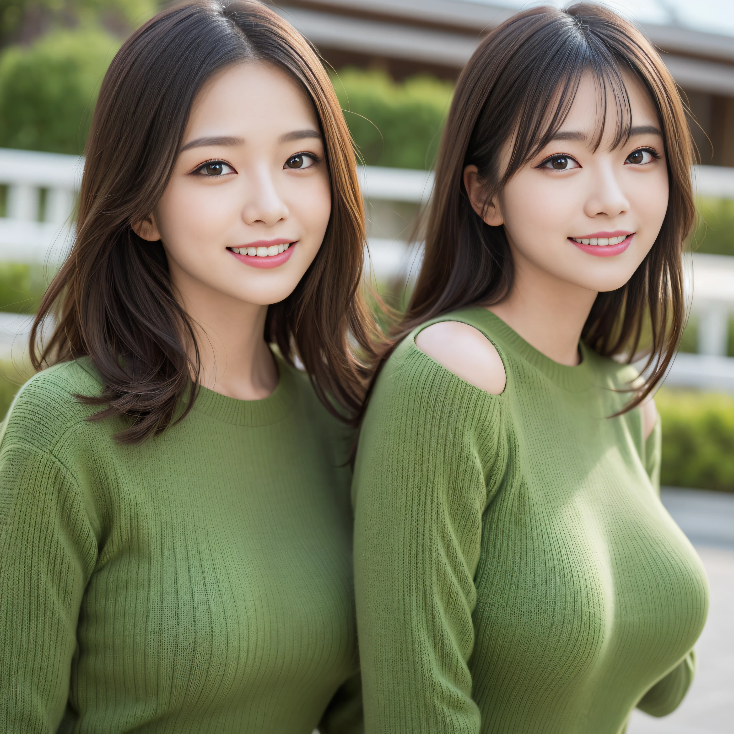 masutepiece, Best Quality, Photorealsitic, finely detail, hight resolution, 8K Wallpapers, Perfect dynamic composition, Beautiful detailed eyes, Medium Hair, beutiful breast, (Tight Green Knitwear)、(Breast bulge 1.2)、a smile、open open mouth、Resort scenery、25-years old、(Drooping eyes 1.4)、Adult beauty、japanes