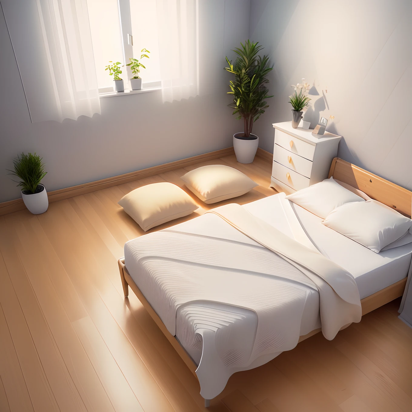 Isometric room,Plain white background, best quality, ((low polygon)),(extremely detailed CG unity 8k wallpaper), (best quality), (best illustration), (best shadow),((Bedroom)), cream style,Pastel tones, light curtains, carpets,wardrobe,cotton and linen sheets, wooden furniture, soft light, plants, paintings, vases,octane render,ray tracing,ultra detailed