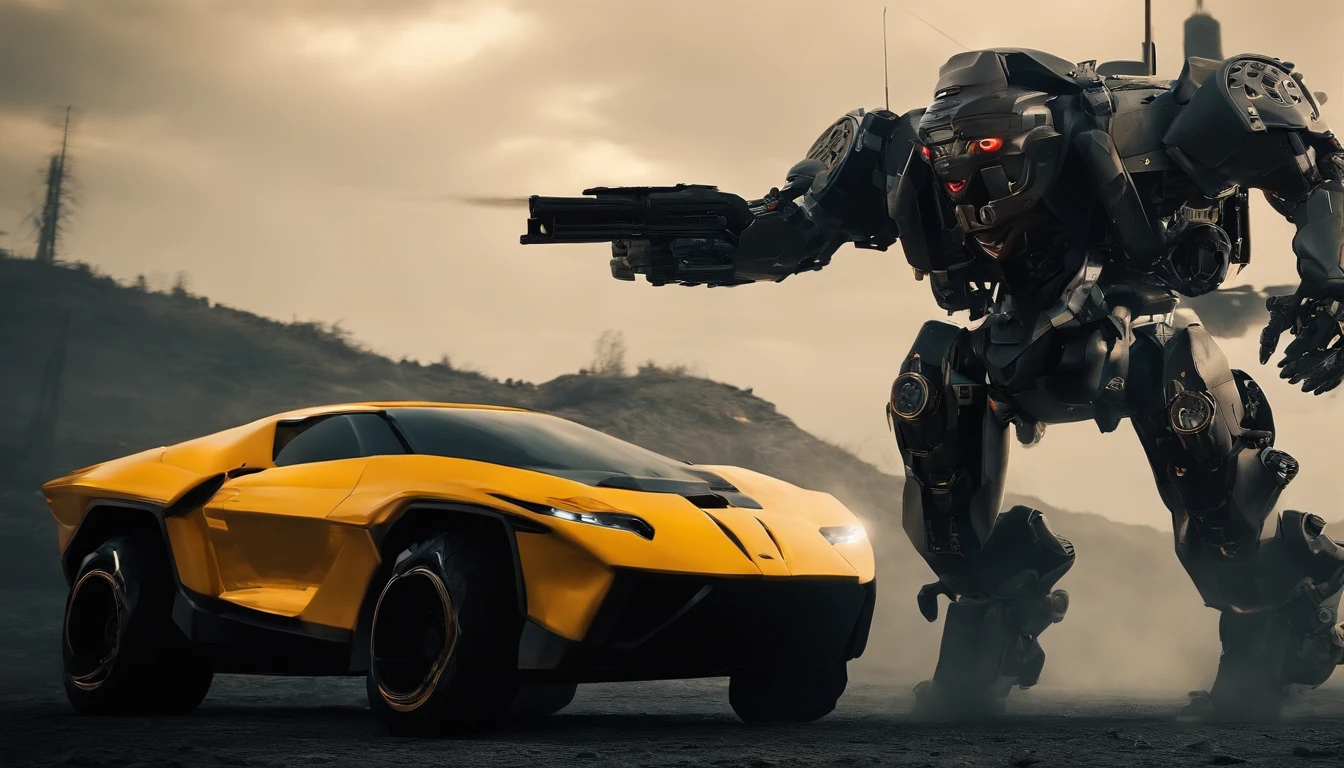 A huge robot with a mask similar to Jason's, olhos vermelhos, has a scorpion tail on its head, It has a metallic black and white color, holding a machine gun with his right arm firing,It has tank wheels on the feet