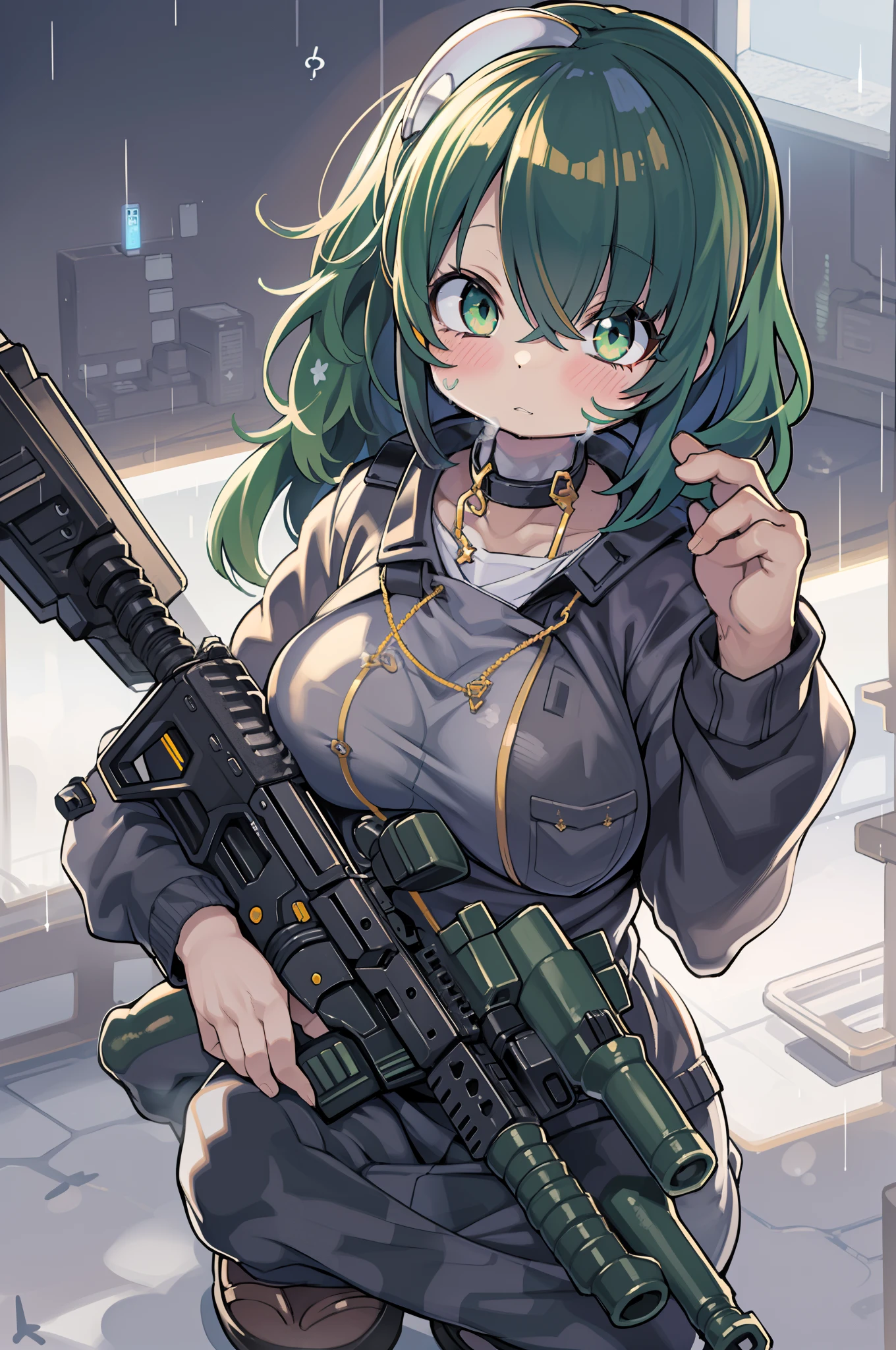 (((Huge assault rifle)))、Long sideburns、Anime-style girl with beautiful whole body, ,clean detailed faces, ciber,analogous colors, Glowing shadows, beautiful gradients, depth of fields, CLEAN IMAGE, High quality,Black Parker Closing、 high detailing, High Definition, blush, Fit, Heavenly Beauty, Very detailed, Soft lighting, Full body,Green&Black hair,Green eyes、Overhead view、look down from above、Squatting、In heavy rain、Wide Shot、Very Wide Shot、huge-breasted、