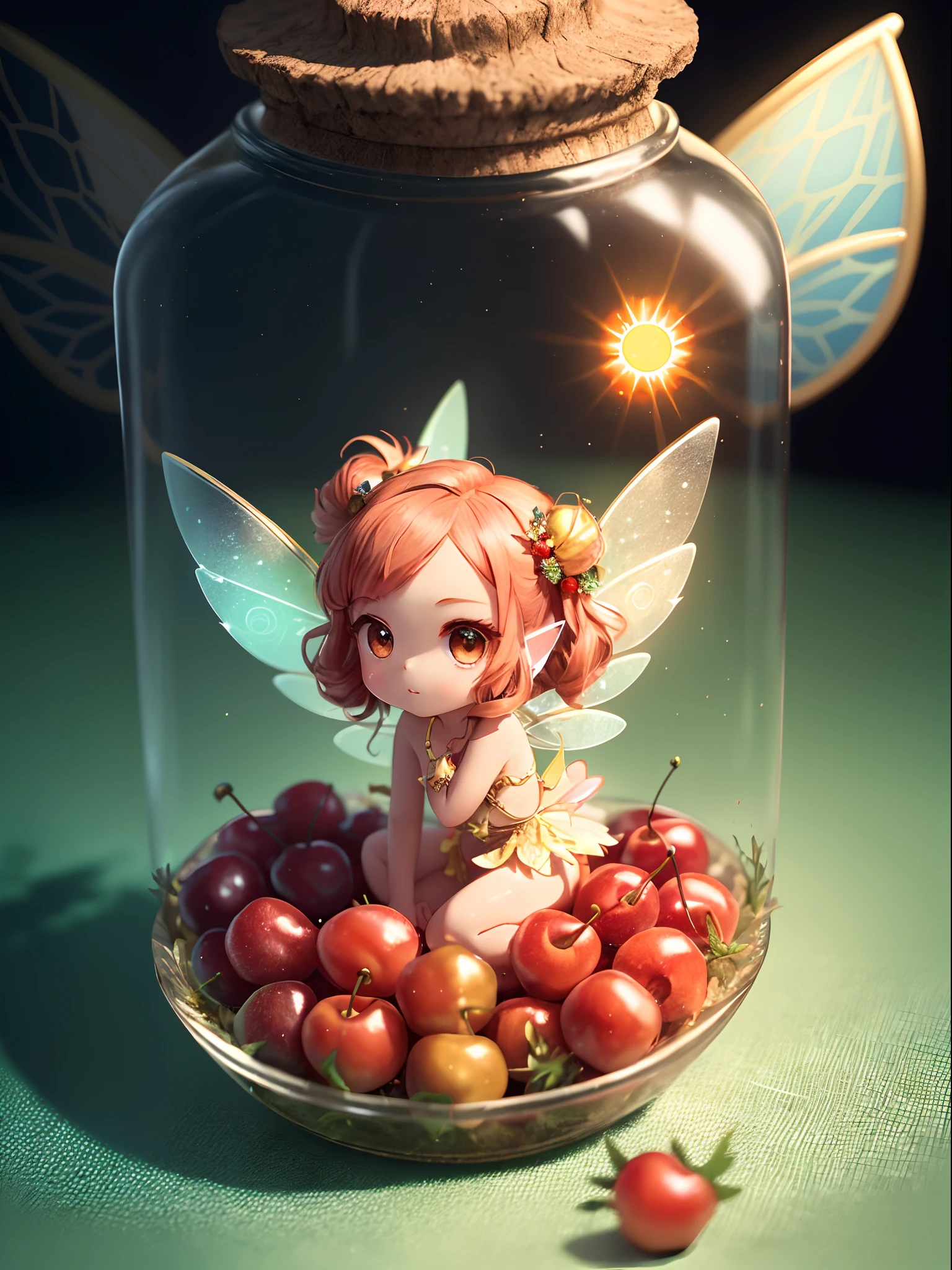 Chibi, kawaii, Tiny, Little fairy in a big glass bottle, Lined cherry, Inside the glass jar is a pile of cherries, (Wearing fairy wings of solar matter:1.5), greenhair, Green eyes, topknot, Grass hair ornament, very detailed drawing. Vivid colors. High image quality.