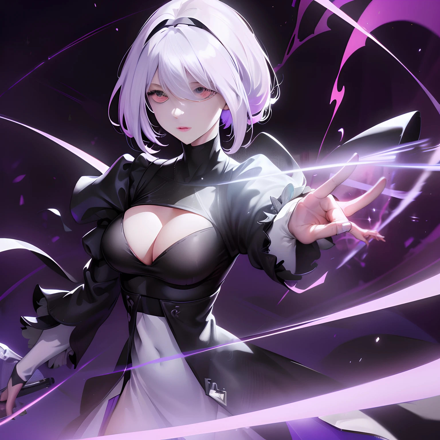 Yorha 2B, (best quality,Altas),purple lightning between fingers,Emission of purple magic,esfera roxa,magia de tiro,Hovering in the blue sky, translucent appearance, mystic atmosphere, cores vibrantes, ethereal glow, energia hipnotizante, tons roxos vibrantes, dynamic movement. olhos vermelhos, cabelos brancos