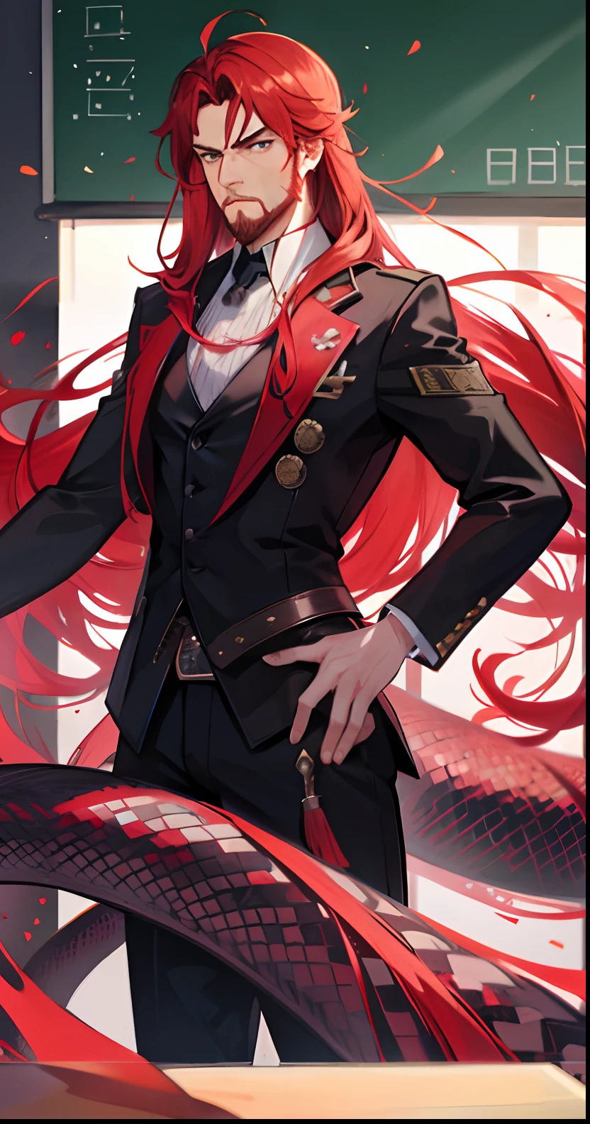 1man,40s,solo,red hair,beard,serious face,classroom