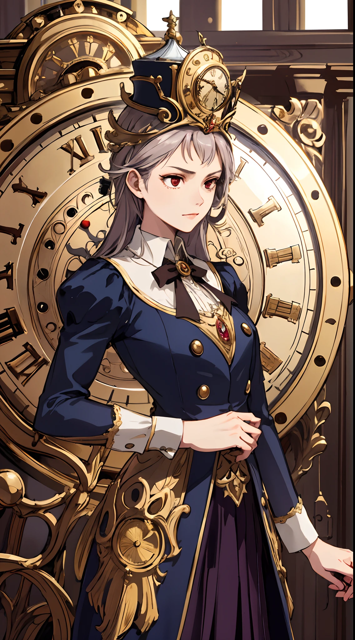 1 girl, upper body, single focus, punctual charm, Cogsworth-inspired appearance, ticking demeanor, (enchanted castle: 1.4), (clockwork precision: 1.3), brass features, meticulous aura, [depth of field, ambient lighting, ticking clock foreground, enchanted castle background], Beauty and the Beast's Cogsworth, timekeeping duties, enchanted castle, (ornate grandfather clock), (library: 1.2), intricate details, enhanced lighting.