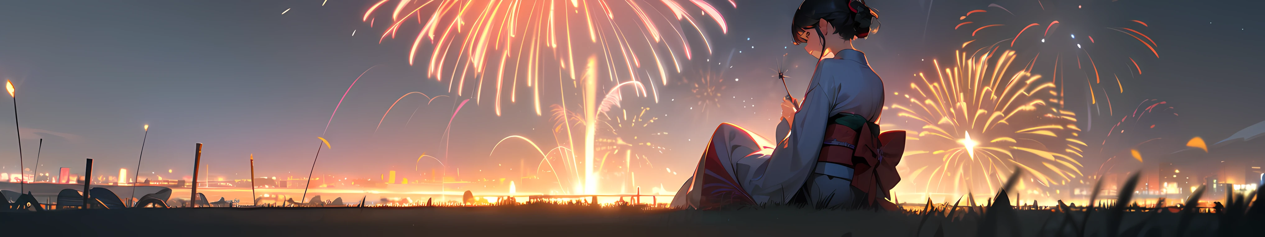 (a)hourglass shaped girl,black hair, (wearing a kimono:1.1), (sitting on grass),(watching a firework:1.1), (magical atmosphere),(particles),(crowd) (best quality, 4k, highres, masterpiece:1.2), ultra-detailed, (realistic:1.37), (landscape, photography), vibrant colors, dreamlike lighting, from behind