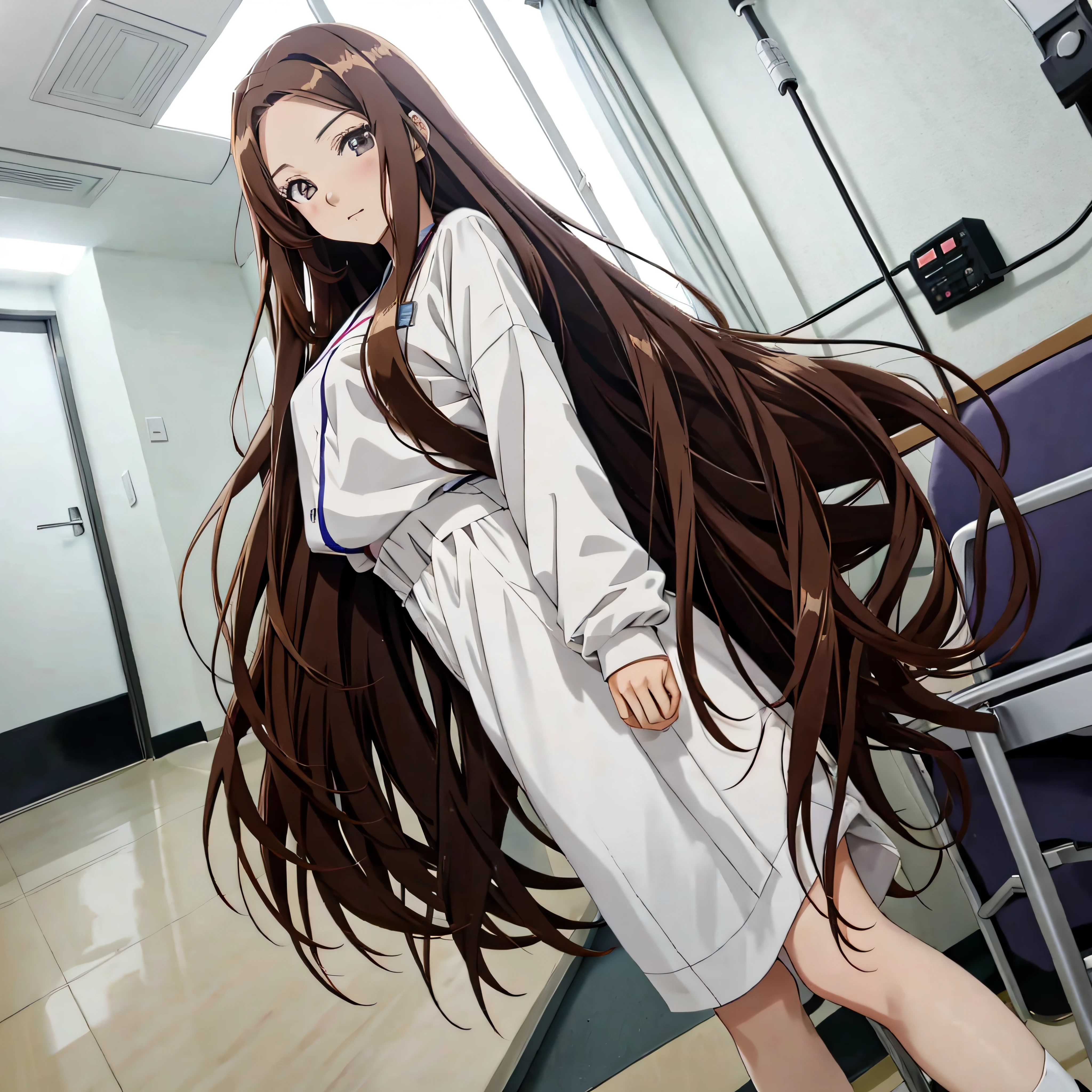 long hair anime girl, anime visual of a young woman, Beauty Anime Visual, a female anime character, Brown hair，Center division，Hospital room，