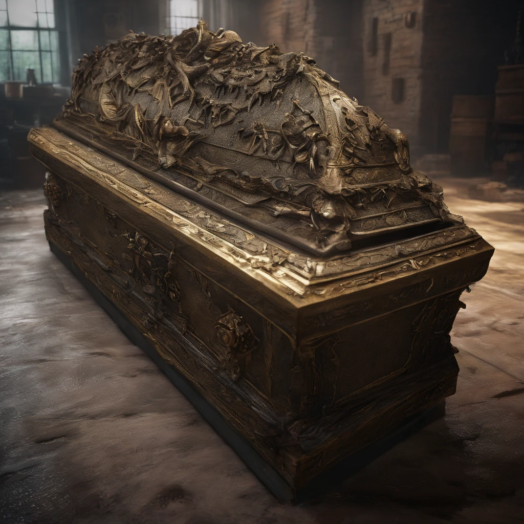 A coffin，Synthesized from bronze and crystal，Mystery，Deep underground，Secure storage，4K，Enchanting secrets，Enigmatic Atmosphere，Spooky breath，（Nobody 1.6），plethora of colors，high saturated，4K，down view，Look down from above