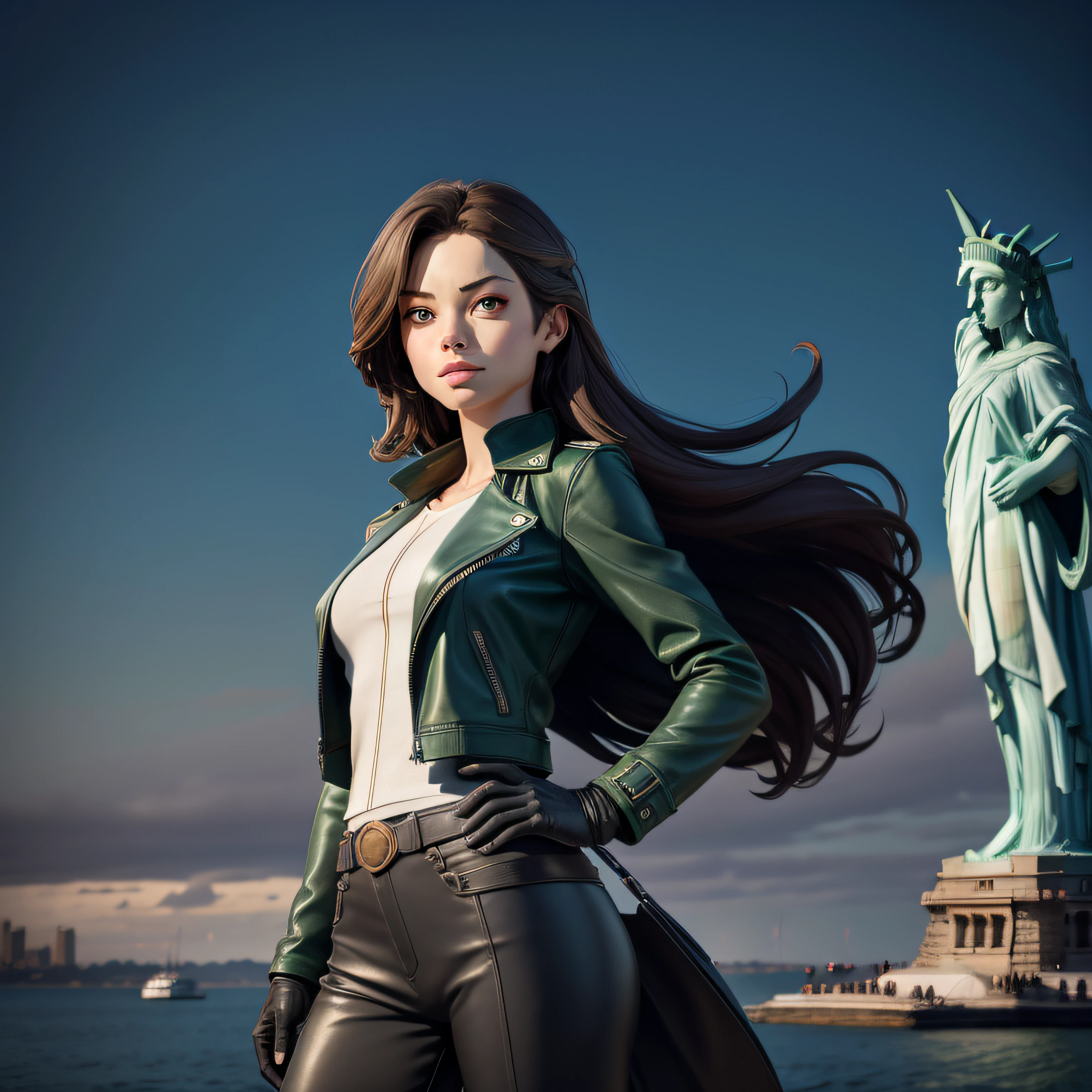 1Kristin Kreuk en queue de cheval. brown hair. beautiful Green eyes. Green leather jacket et pantalon de cuir noir, looking at the camera. 1Statue of Liberty on Liberty Island in the background. Kinematic lighting. very large view to see a lot of the background. golden ratio.