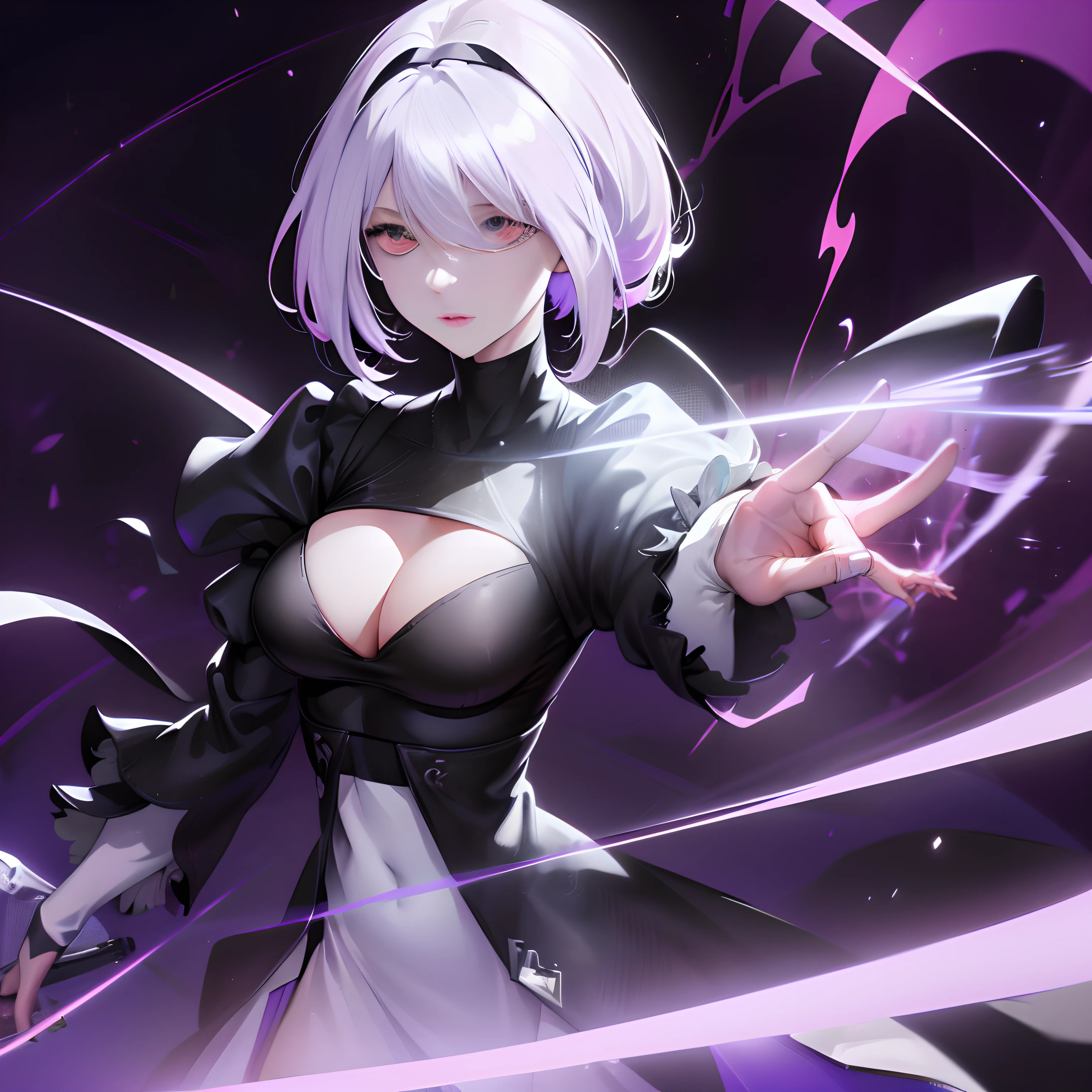 Yorha 2B, (best quality,Altas),purple lightning between fingers,Emission of purple magic,esfera roxa,magia de tiro,Hovering in the blue sky, translucent appearance, mystic atmosphere, cores vibrantes, ethereal glow, energia hipnotizante, tons roxos vibrantes, dynamic movement. olhos vermelhos, cabelos brancos