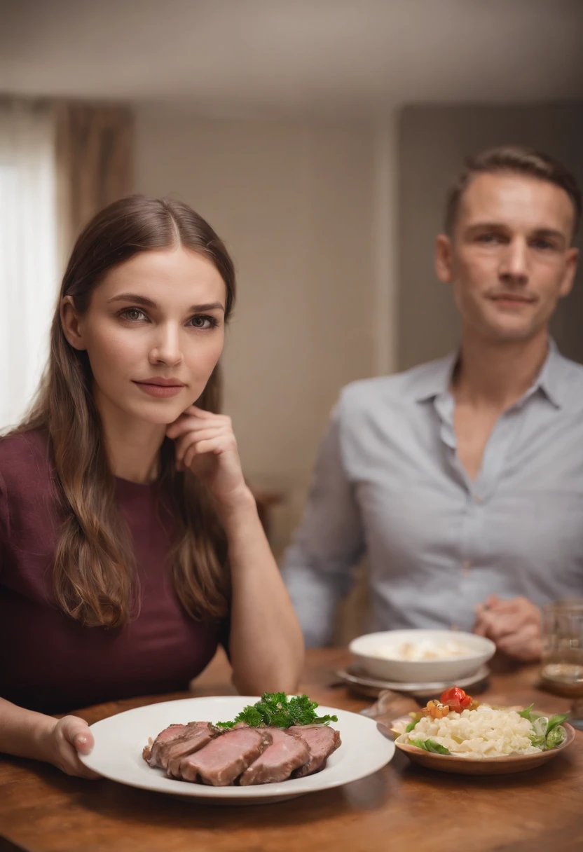 a woman standing with a plate with meat in her hand, behind her is her family sitting at a large table the background image of the family is blurry the woman is facing and when her family is at the back of the image, great quality perfection in extraordinary detail masterpiece