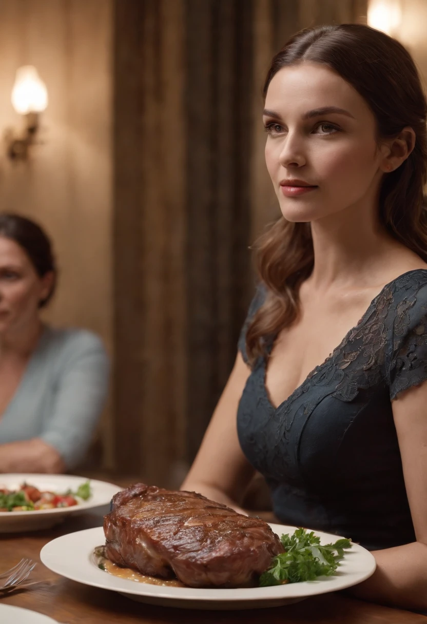 a woman standing with a plate with meat in her hand, behind her is her family sitting at a large table the background image of the family is blurry the woman is facing and when her family is at the back of the image, great quality perfection in extraordinary detail masterpiece