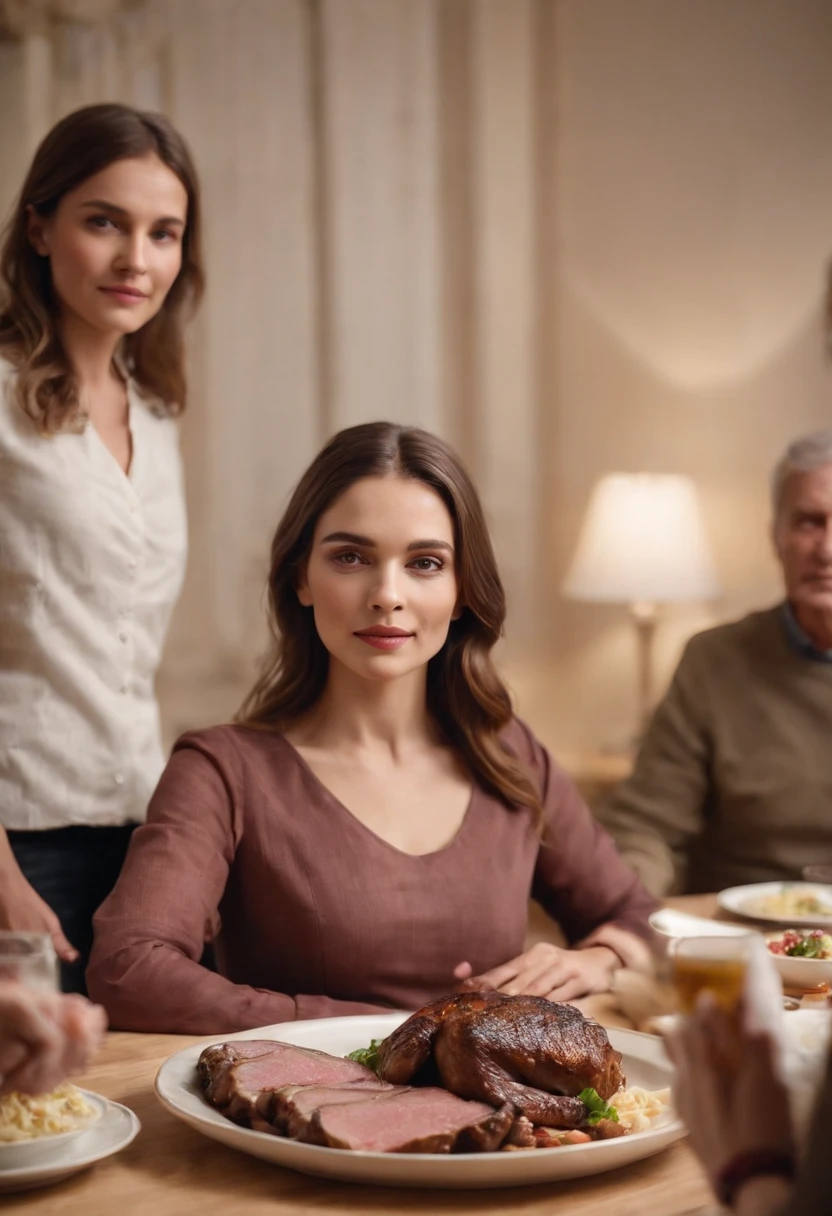 a woman standing with a plate with meat in her hand, behind her is her family sitting at a large table the background image of the family is blurry the woman is facing and when her family is at the back of the image, great quality perfection in extraordinary detail masterpiece