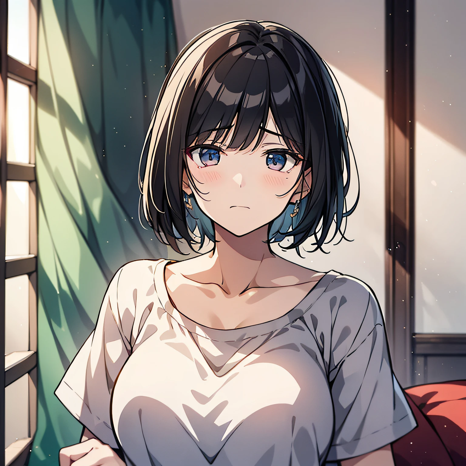 A middle-aged aunt，with short black hair，Wearing a white top，Sitting on the edge of the bed in the room with a sad expression（Frown 1.5）（The background is in the room in the village：1.5），Anime style 4K，Anime rendering，style of anime，8K fineness，（Upper body display：1.5）（Cinematic lighting：1.5）Middle-aged woman 1.5（Wrinkle 1.5）