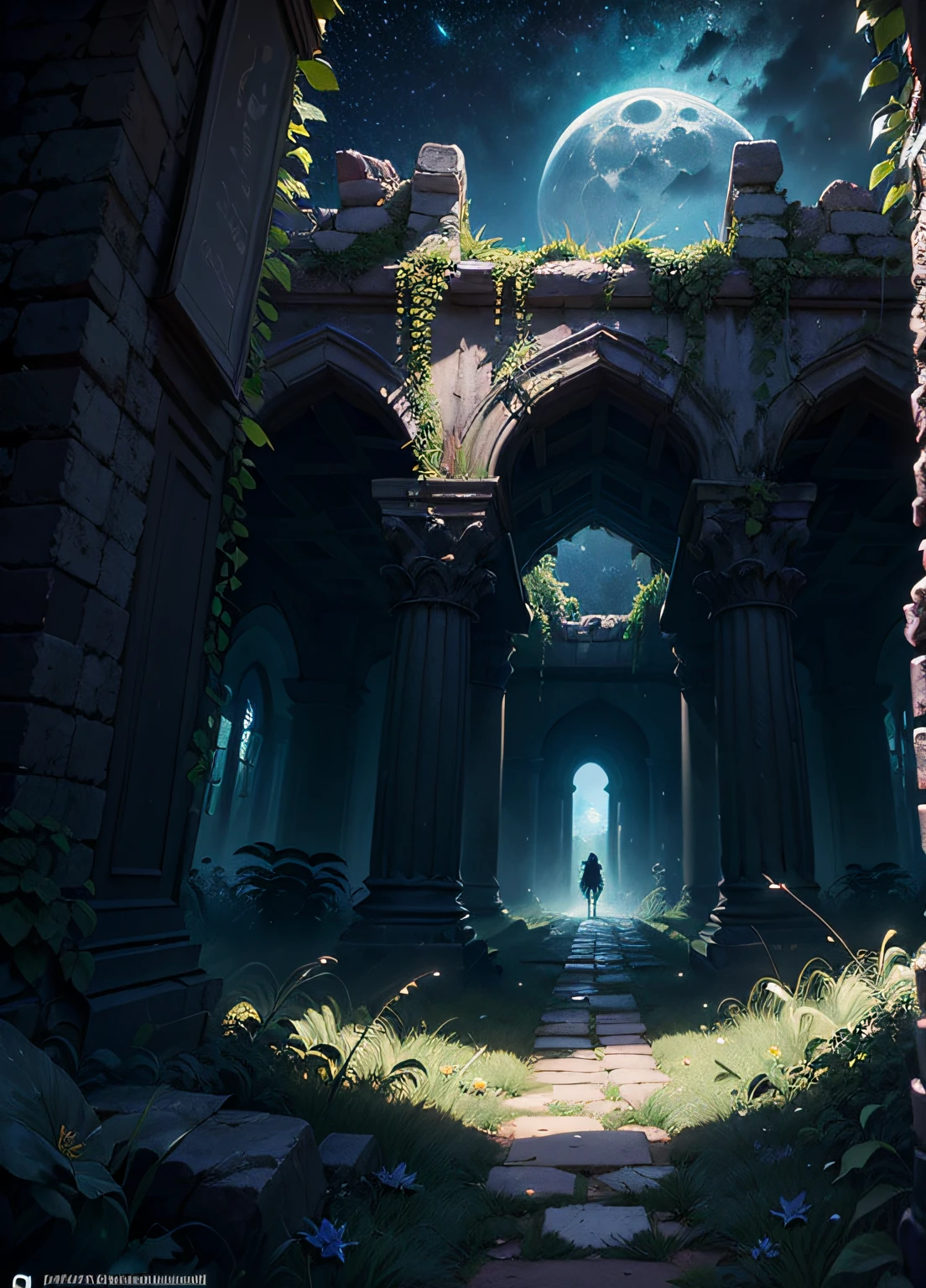 ((master part)) Image of a forest scene, night sky full of stars and moon, Under the moon there is an ancient ruin , ((Detalhe floresta)) ((pequenos detalhes)), (bio-luminescence) Ivy plant around ruin, inspired by senior environment artist, ((Ruin)), ((Bioluminescence flower)) , (detalhes intrincados), ((ultra-HD))Motor irreal (arte de fantasia),(( Motor irreal)) rendering concept art, Ornate an ancient Tample ruins, ((Glowing symbol in ruin)), captura de imagem com cada (((pequenos detalhes))), ((altamente detalhado))