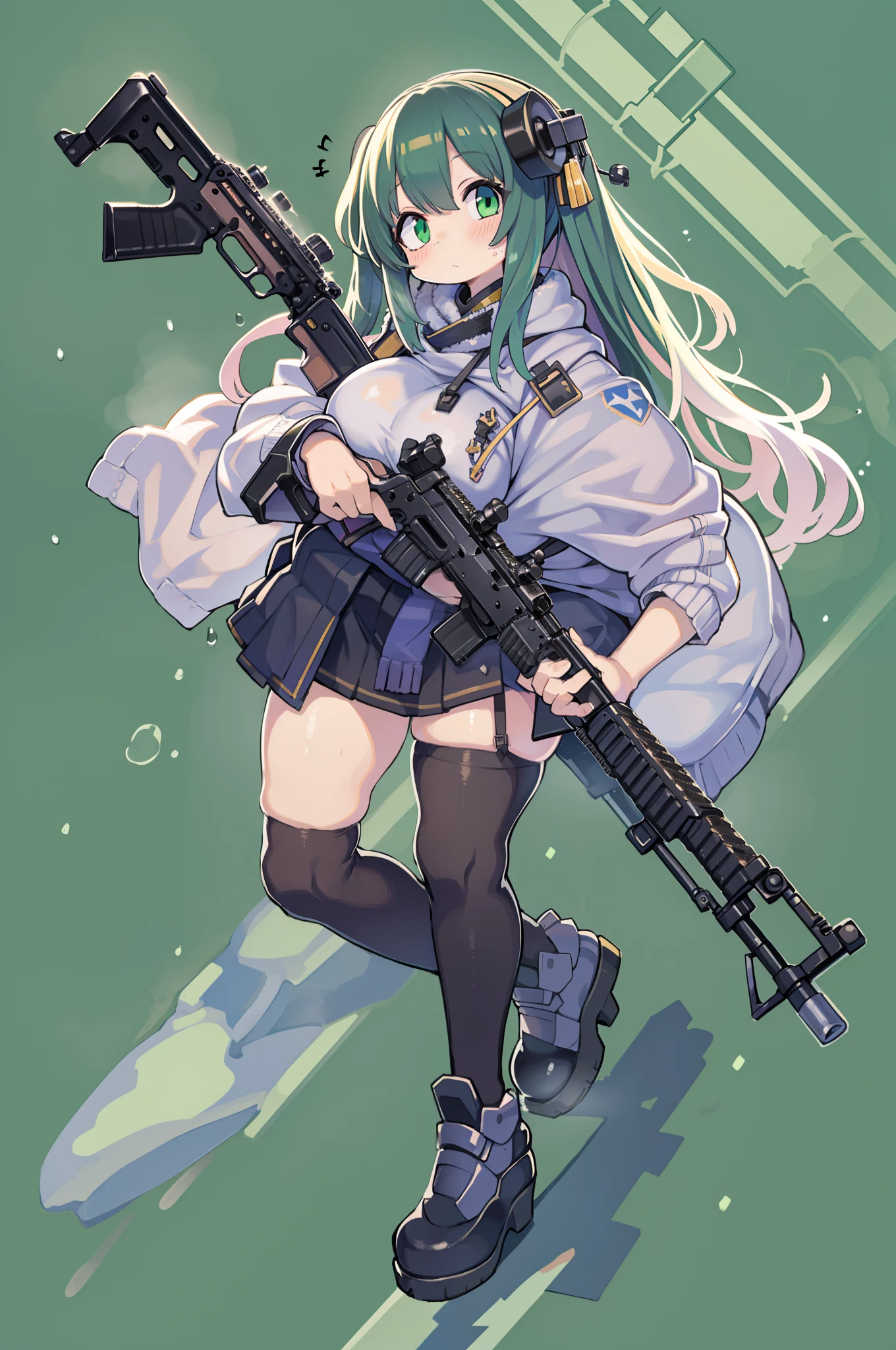 (((Huge assault rifle)))、Long sideburns、Anime-style girl with beautiful whole body, ,clean detailed faces, ciber,analogous colors, Glowing shadows, beautiful gradients, depth of fields, CLEAN IMAGE, High quality,Black Parker Closing、 high detailing, High Definition, blush, Fit, Heavenly Beauty, Very detailed, Soft lighting, Full body,Green&Black hair,Green eyes、Overhead view、look down from above、Squatting、In heavy rain、Wide Shot、Very Wide Shot、huge-breasted、