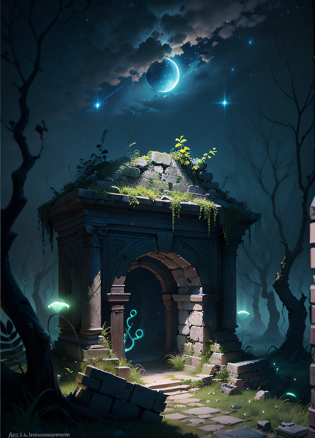 ((master part)) Image of a forest scene, night sky full of stars and moon, Under the moon there is an ancient ruin , ((Detalhe floresta)) ((pequenos detalhes)), (bio-luminescence) Ivy plant around ruin, inspired by senior environment artist, ((Ruin)), ((Bioluminescence flower)) , (detalhes intrincados), ((ultra-HD))Motor irreal (arte de fantasia),(( Motor irreal)) rendering concept art, Ornate an ancient Tample ruins, ((Glowing symbol in ruin)), captura de imagem com cada (((pequenos detalhes))), ((altamente detalhado))