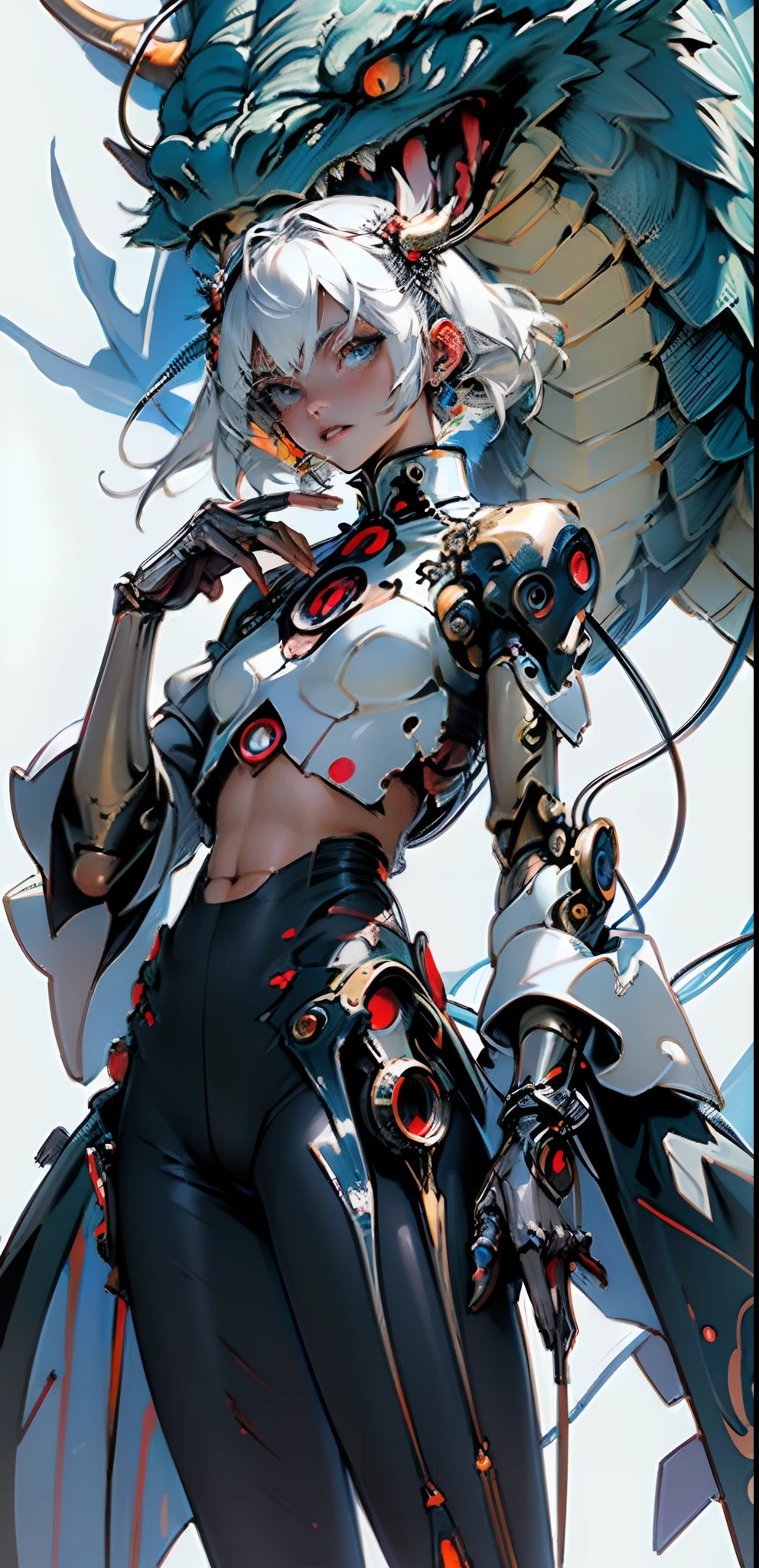 (masterpiece, top quality, best quality, official art, beautiful and aesthetic:1.2), (1girl:1.3), extreme detailed, colorful, highest detailed ((ultra-detailed)), (highly detailed CG illustration), ((an extremely delicate and beautiful)), cinematic light, ((1mechanical girl)),solo, cowboy shot, long shot (machine joints:1.2), ((mechanical limbs)), (blood vessels connected to tubes), (wires and cables attaching to neck:1.2), (character focus), machines are attached to joints, white hair, white skin, looking at viewer, copper button, bronze, (black tights, ) perfect anatomy, blue eyes, ((5 fingers, dynamic pose)) mechanical flower, kimono girl, cyberpunk, plants leaves, dragon