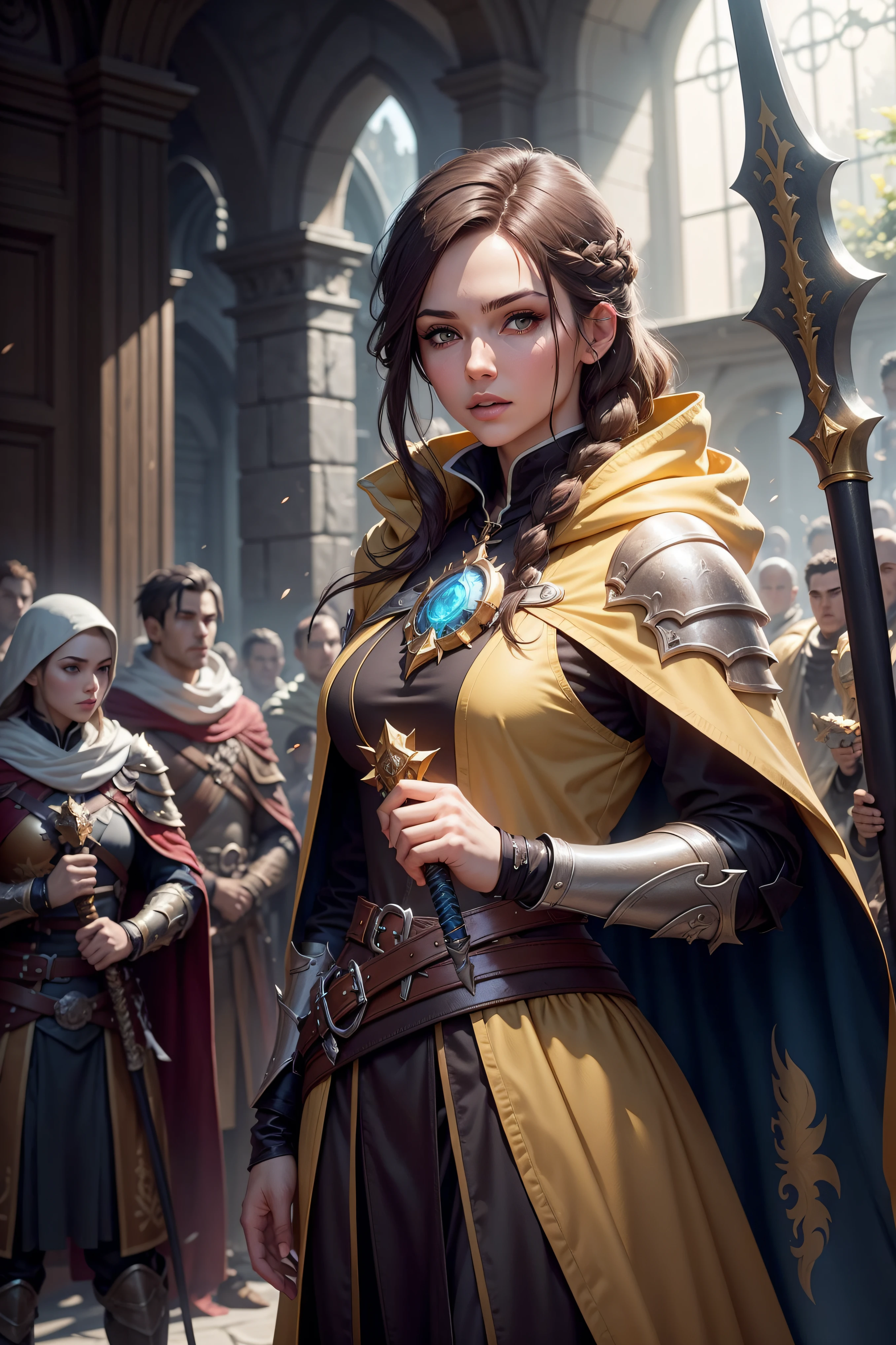 a KNIGHT MAN in a yellow cloak holding a sword in front of a crowd, wojtek fus, female cleric, spell break, cleric, epic mage girl character, portrait of a female mage, pretty female cleric, unreal engine fantasy art, gold and white cloak, picture of a male cleric, picture of female paladin, steel inquisitor from mistborn, wearing mage robes