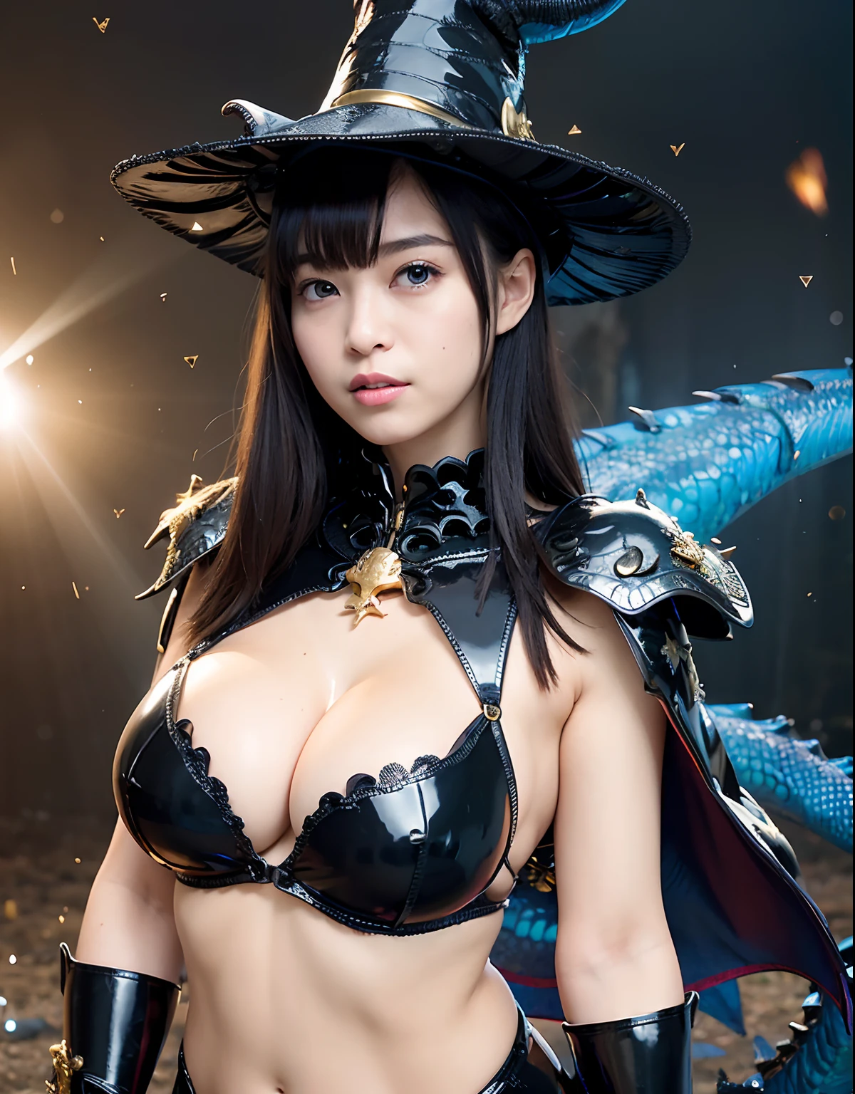 ((World of Darkness)),Professional , masterpiece、top-quality、photos realistic , depth of fields 、(((With a magic wand of gems))),(Dragon Black Metal Body:1.9),(latex black-blue、(cleavage of the breast)(Fight dragons)、、(((Particles of light))),(Micro Bikini Armor:1.7),Gorgeous gold weapons ,(Fight dragons)、Seductive look、The face of the dragon is out、(blood splattere、Armpit、((((With a magic wand))), ) , (((Wearing a black latex wizard hat))),(demonic wings) ,((a blond))、(Castle background)、((Gangle's forest background))、Beautiful Caucasian beauty、1a person、Armpit、dynamic ungle,(((Detailed and ornate dragon wizard hat)))、Smaller head、A smile、Castle background、Thin and beautiful female hands、cleavage of the breast、Soldier in iron armor on background、Mystical expression、Light Effects、intense fighting、Wind-effect、magic circles、With the legendary magic wand、Dragon's tail、explosions、Toostock、Toostock、(a beauty girl),