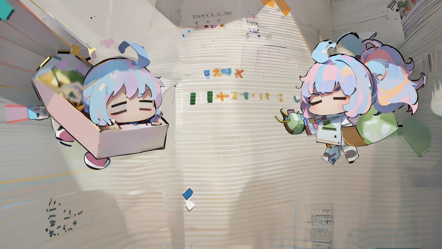 There are two drawings of a box unicorn and a box unicorn, Shading!!!, Animate, badly drawn, medium shot of two characters,, adolable, Two ears on the head, Horns!, traditional animation, 2 d drawing, 2D Drawing, two small horn on the head, cel-shaded!!!, no shade, Early screen testing