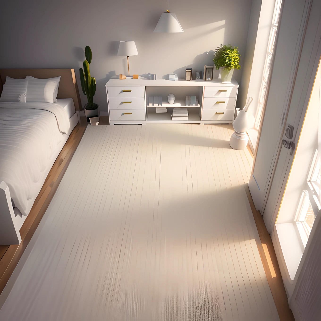 Isometric room,Plain white background, best quality, ((low polygon)),(extremely detailed CG unity 8k wallpaper), (best quality), (best illustration), (best shadow),((Bedroom)), cream style,Pastel tones, light curtains, carpets,wardrobe,cotton and linen sheets, wooden furniture, soft light, plants, paintings, vases,octane render,ray tracing,ultra detailed
