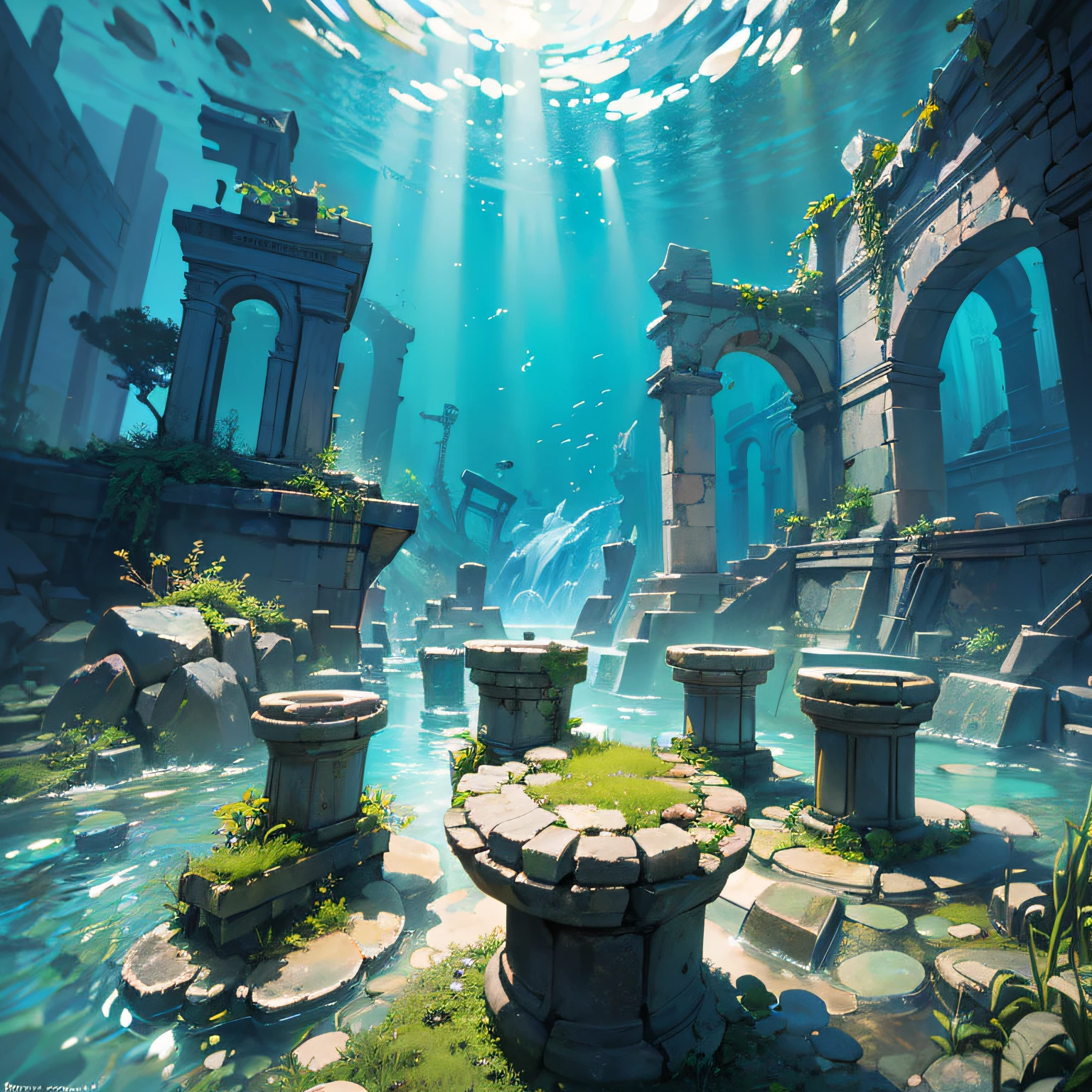 Underwater world Atlantis, deep sea, epic reality, (hdr: 1.4), dappled sunlight, cool colors, ancient ruins, ocean-type houses full of design sense, fantastic and incredible, epic composition, (complex Detail), (Complicated Detail, Ultra Detail: 1.2), Art Station, (Masterpiece, Best Quality)