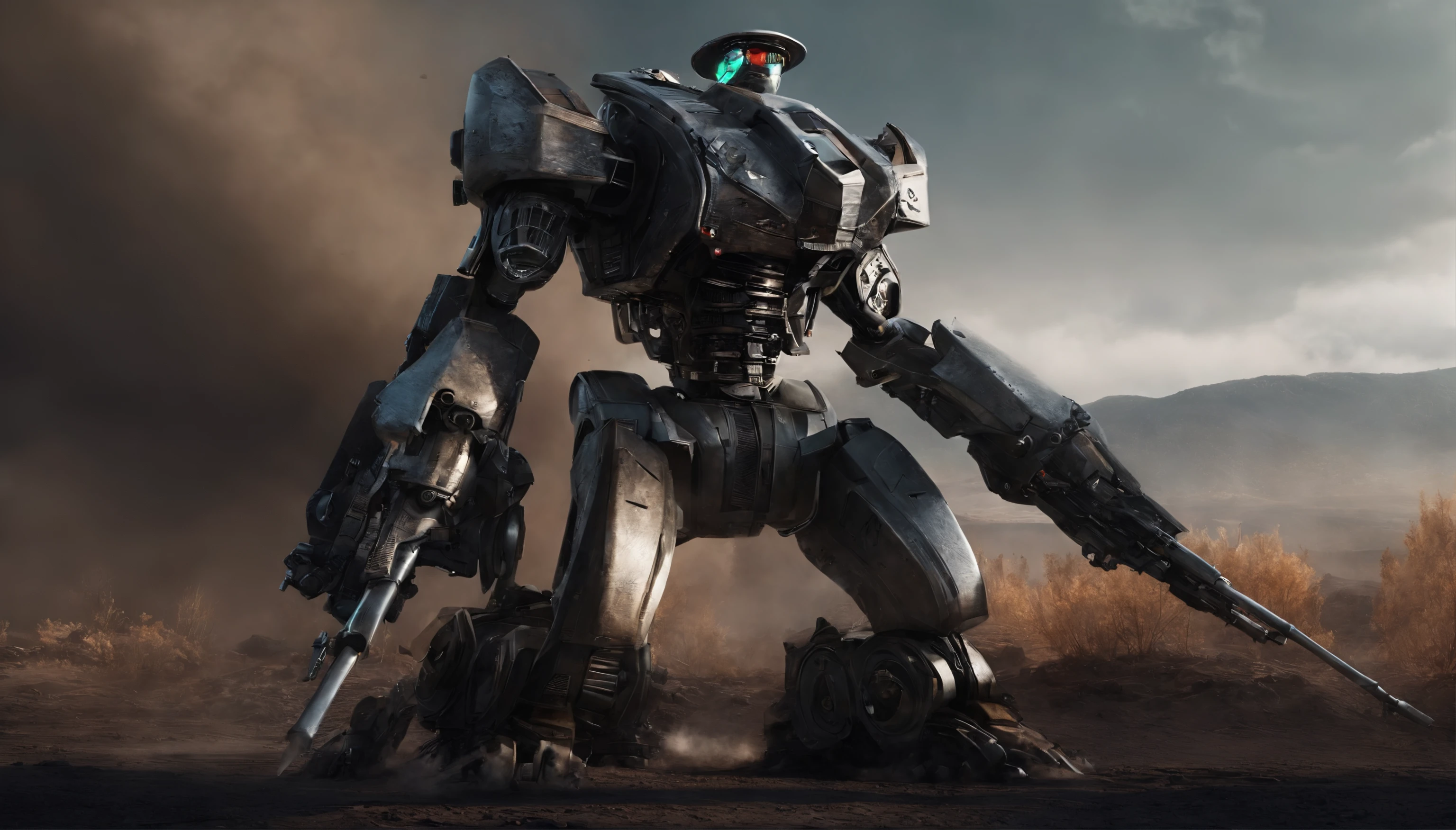 A huge robot with a mask similar to Jason's, has a scorpion tail on its head, It has a metallic black and white color, holding a machine gun with his right arm,It has tank wheels on the feet