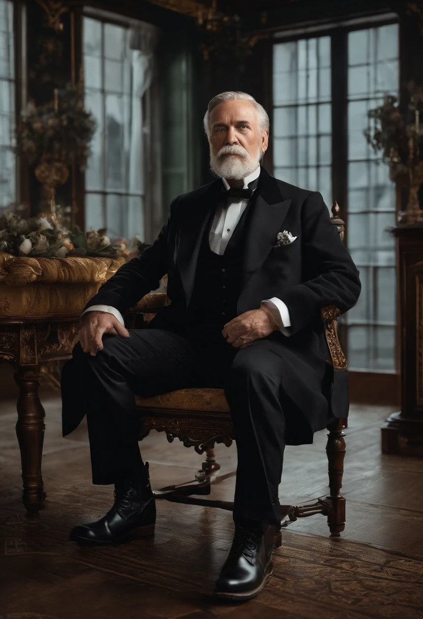Old gentleman with a goatee,sit on chair,Eyes look at boots,Black high-gloss rain boots, 8K分辨率,Wallpaper masterpiece,Best quality,digitial painting,Highly meticulous,Ultra high quality