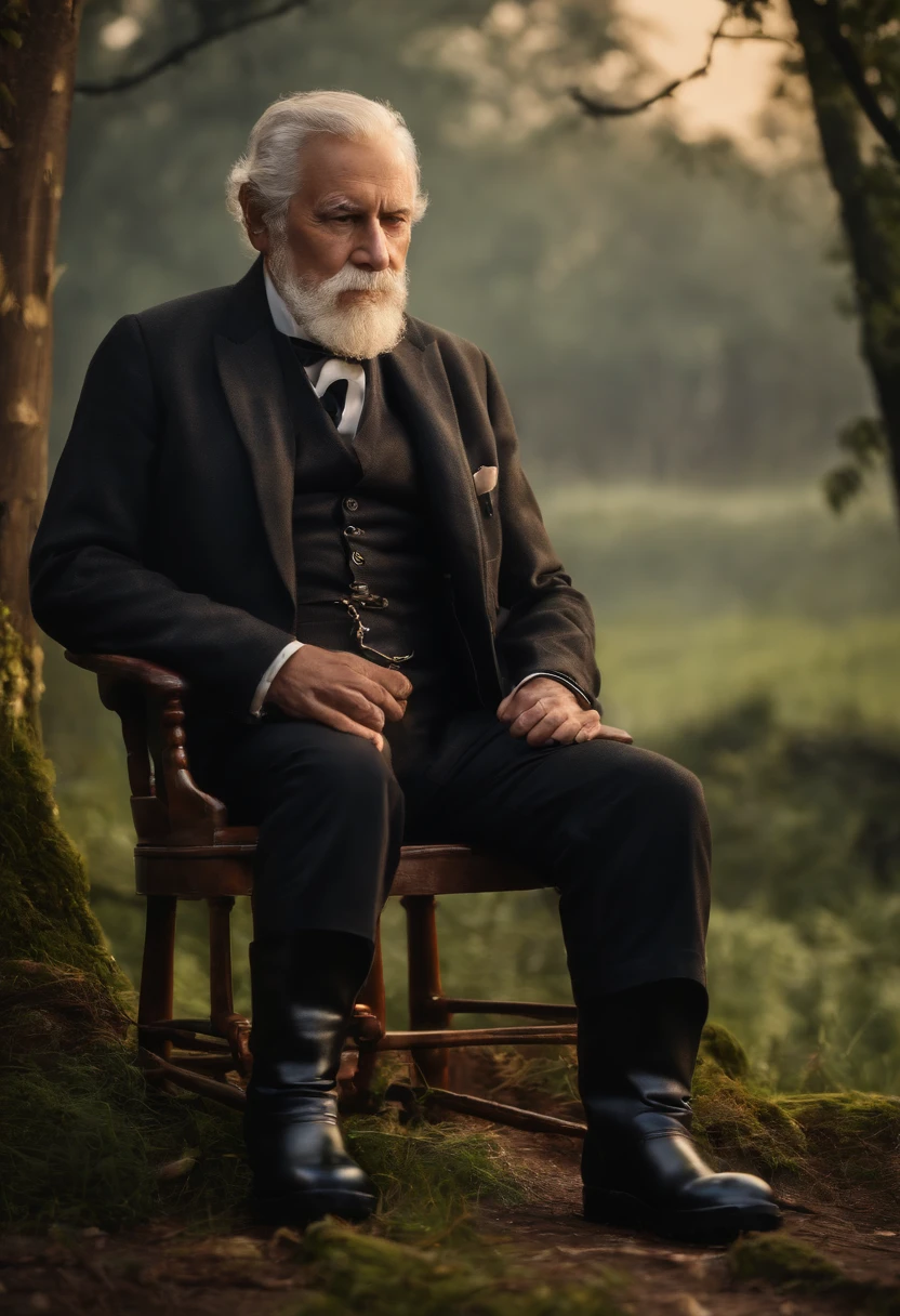 Old gentleman with a goatee，sit on chair，Eyes look at boots，Black high-gloss rain boots, 8K分辨率,Wallpaper masterpiece，Best quality，digitial painting，Highly meticulous，Ultra high quality