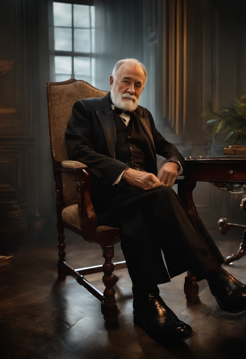 Old gentleman with a goatee,sit on chair,Eyes look at boots,Black high-gloss rain boots, 8K分辨率,Wallpaper masterpiece,Best quality,digitial painting,Highly meticulous,Ultra high quality