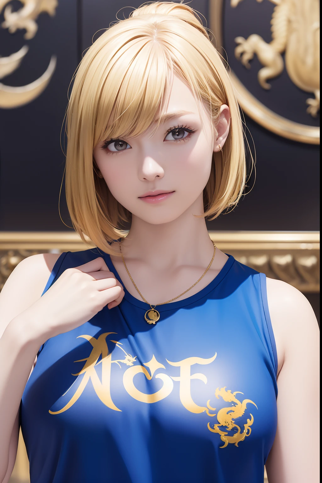 The upper part of the body、an oil painting、masterpiece、top-quality、hight resolution、Blonde Bob Hair、Golden hair、Blue tank top、bustshot、The letters on the shirt are(drak)、grimace、Dragon printed on shirt、The dragon is depicted on the chest of the clothes、Star-shaped necklace、