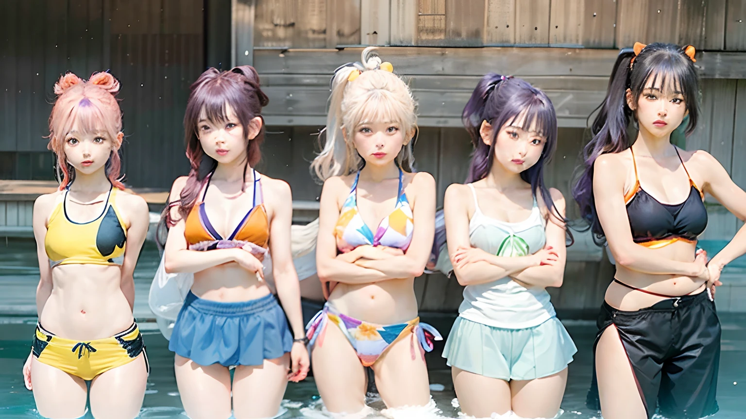 5girl, Kororo Tsurumaki, Kaoru Seta, Hagumi Kitazawa, Kanon Matsubara, Misaki Okusawa, swimsuit, bikini, short hair, long hair, ponytail hair, platinum blonde hair, long purple hair, bright orange hair, curly pale blue hair, black hair, realistic, ultra detail,