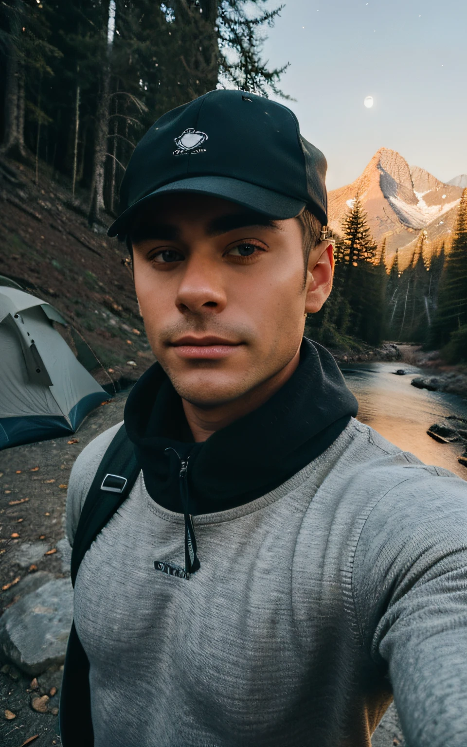 1 man ((upper body selfie, happy)), masterpiece, best quality, ultra-detailed, solo, outdoors, (night), mountains, nature, (stars, moon) cheerful, happy, backpack, sleeping bag, camping stove, water bottle, mountain boots, gloves, sweater, hat, flashlight, forest, rocks, river, wood, smoke, shadows, contrast, clear sky, analog style (look at viewer:1.2) (skin texture) (film grain:1.3), (warm hue, warm tone:1.2), close up, short hair like Zac efron, cinematic light, sidelighting, ultra high res, best shadow, RAW, upper body, wearing pullover
