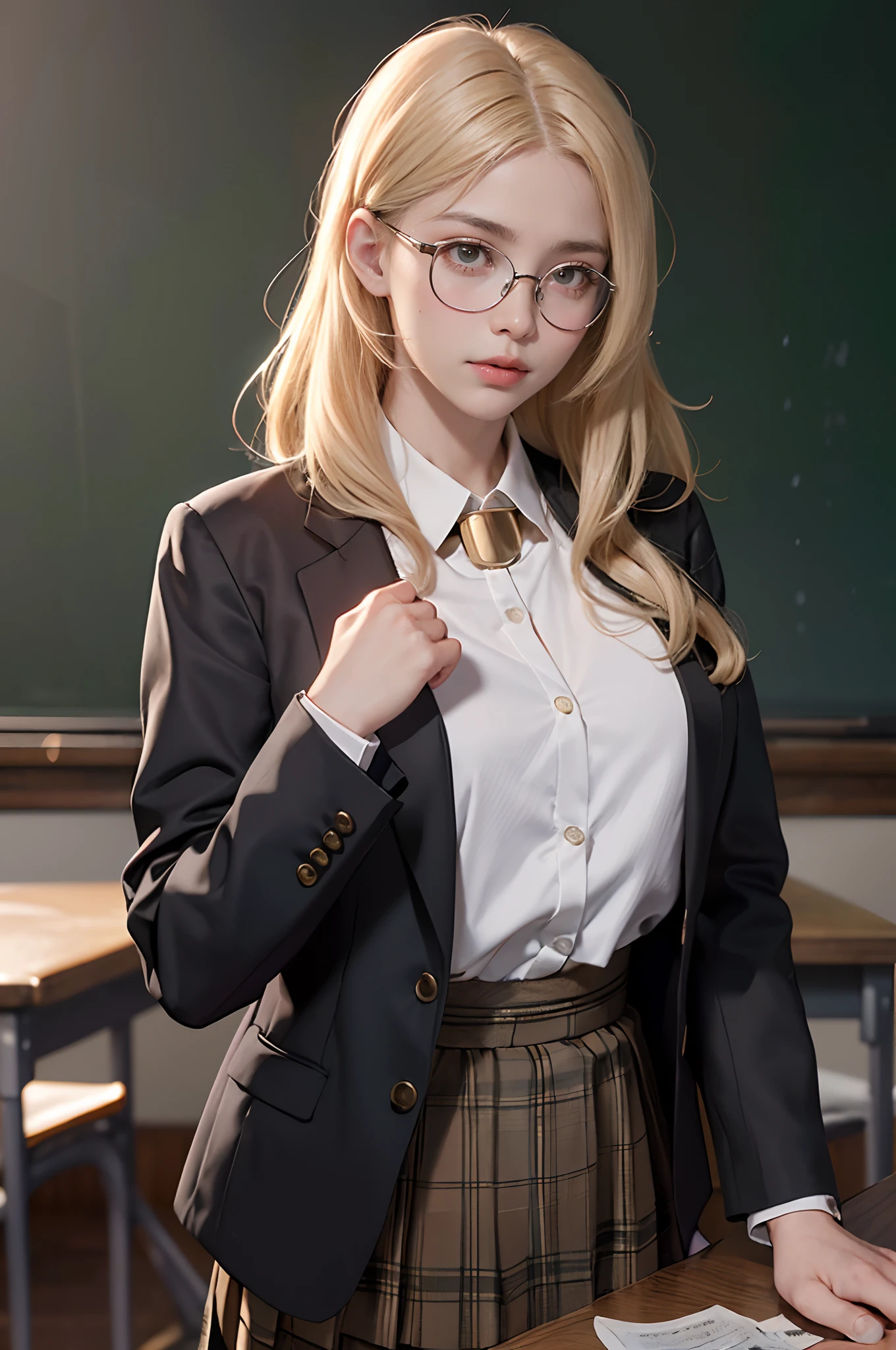 (8K, RAW photo, High sensitivity, Best quality, Extremely detailed hair, Masterpiece, 超高分辨率, Photorealistic:1.25) , thin frame glasses, frontage, 1girll, The profession is a teacher，校服, Dark gray open jacket, Dark gray blazer, Pleated skirt, Plaid skirts, ash blond hair, Gold-tone round glasses, at class room, There was a blackboard behind him，There are mathematical formulas on the blackboard，Detailed portrayal