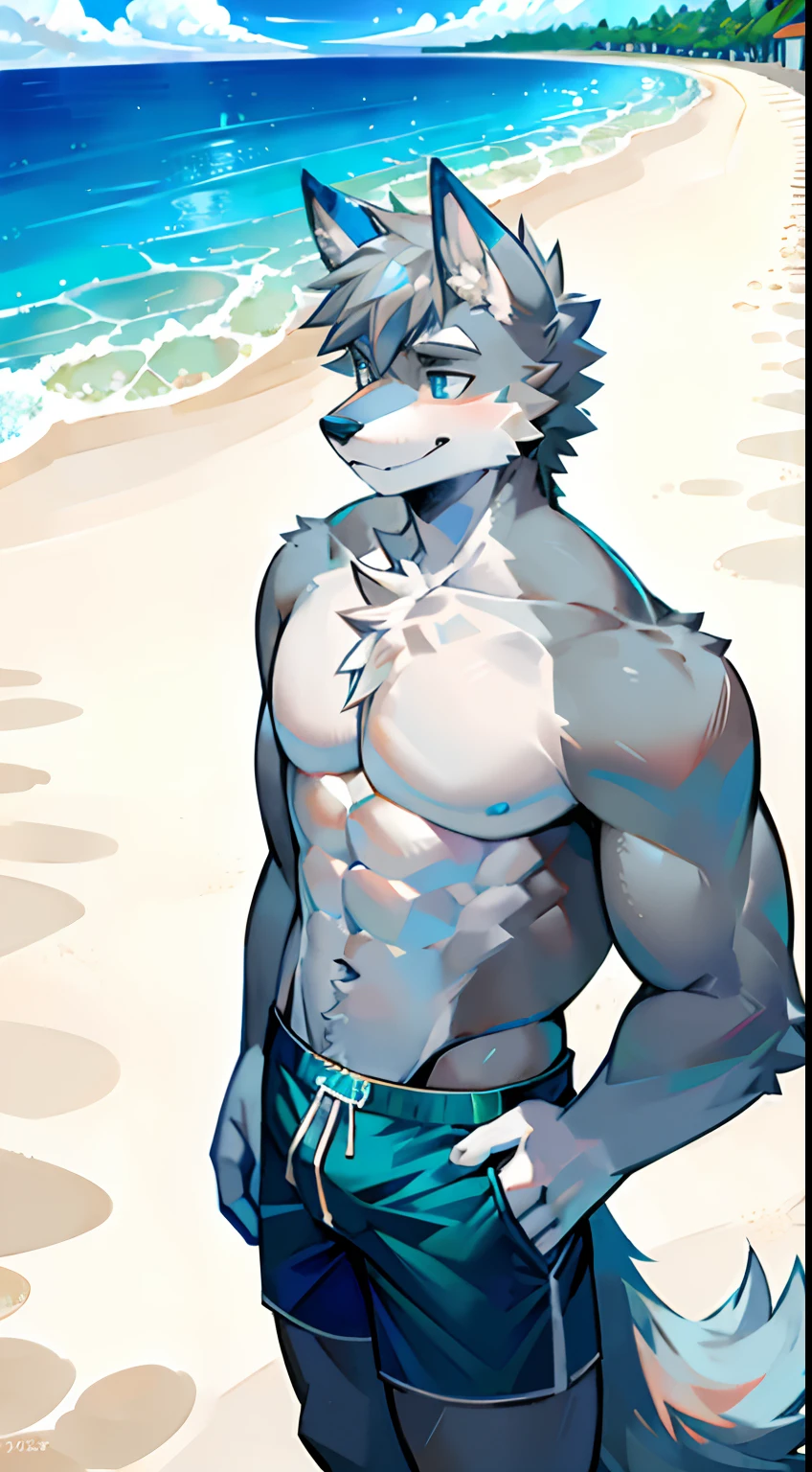 Detailed and realistic HD photography of (wolf O'Donnell) en la playa, de pie, mirando al Horizonte, solo, retrato de cuerpo entero, antecedentes detallados, gran trasero, por mancha