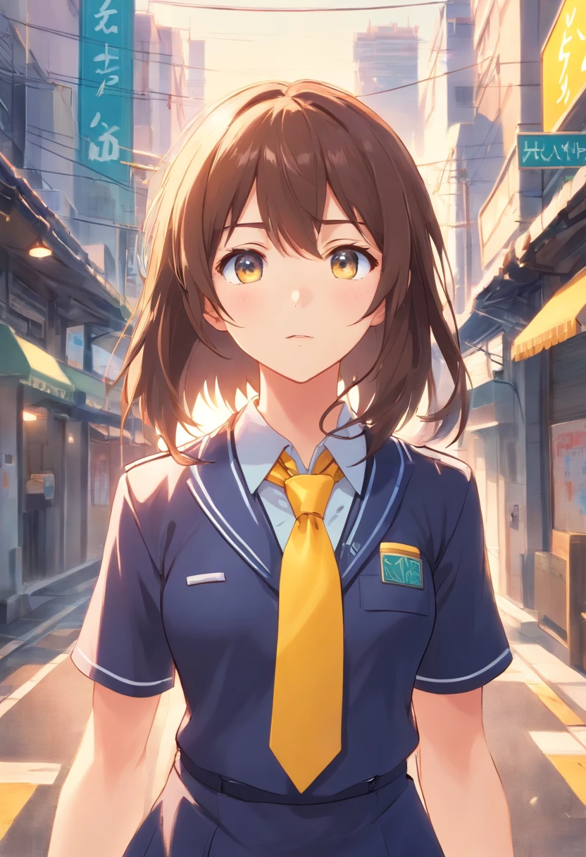 Anime girl in uniform with yellow tie, As an anime character, Rei Hiroe, Anime girl named Lucy, visual anime of a cute girl, Best Anime Girls, nagatoro, ( ( ( yoshinari yoh ) ) ), a female anime character, an animated character, an anime girl, sayori, chiho, Wataru Kaji