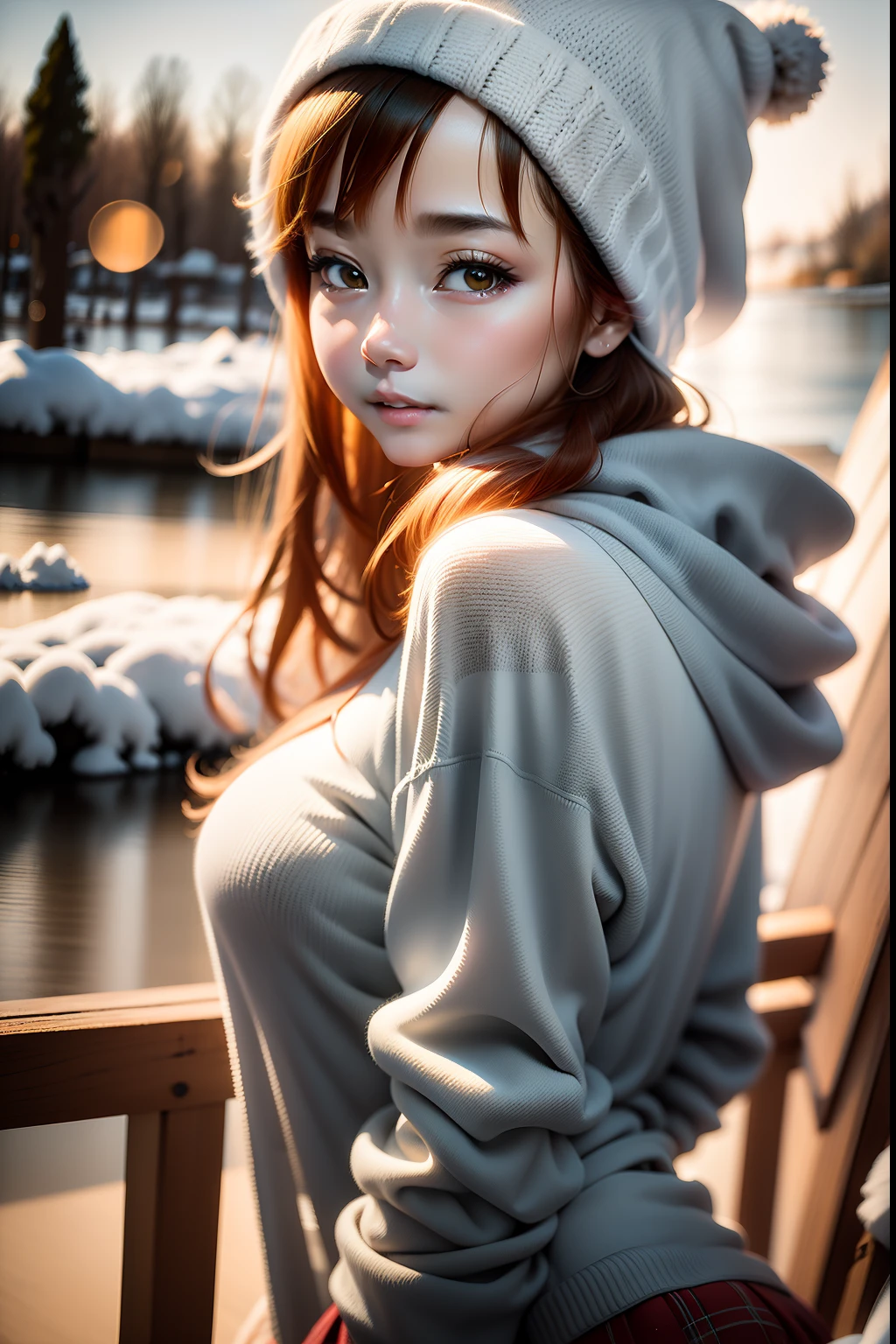 top-quality、8ｋ、​masterpiece、detailed face depiction、Best Quality、(((facing front:1.2)))、knit hat、Knitted hat with pom-pom、knitted sweater、long  skirt:1.5、plein air、Landscape with snow、blurry backround:1.2、50mm lens、Professional Photography、blurry backround:1.2