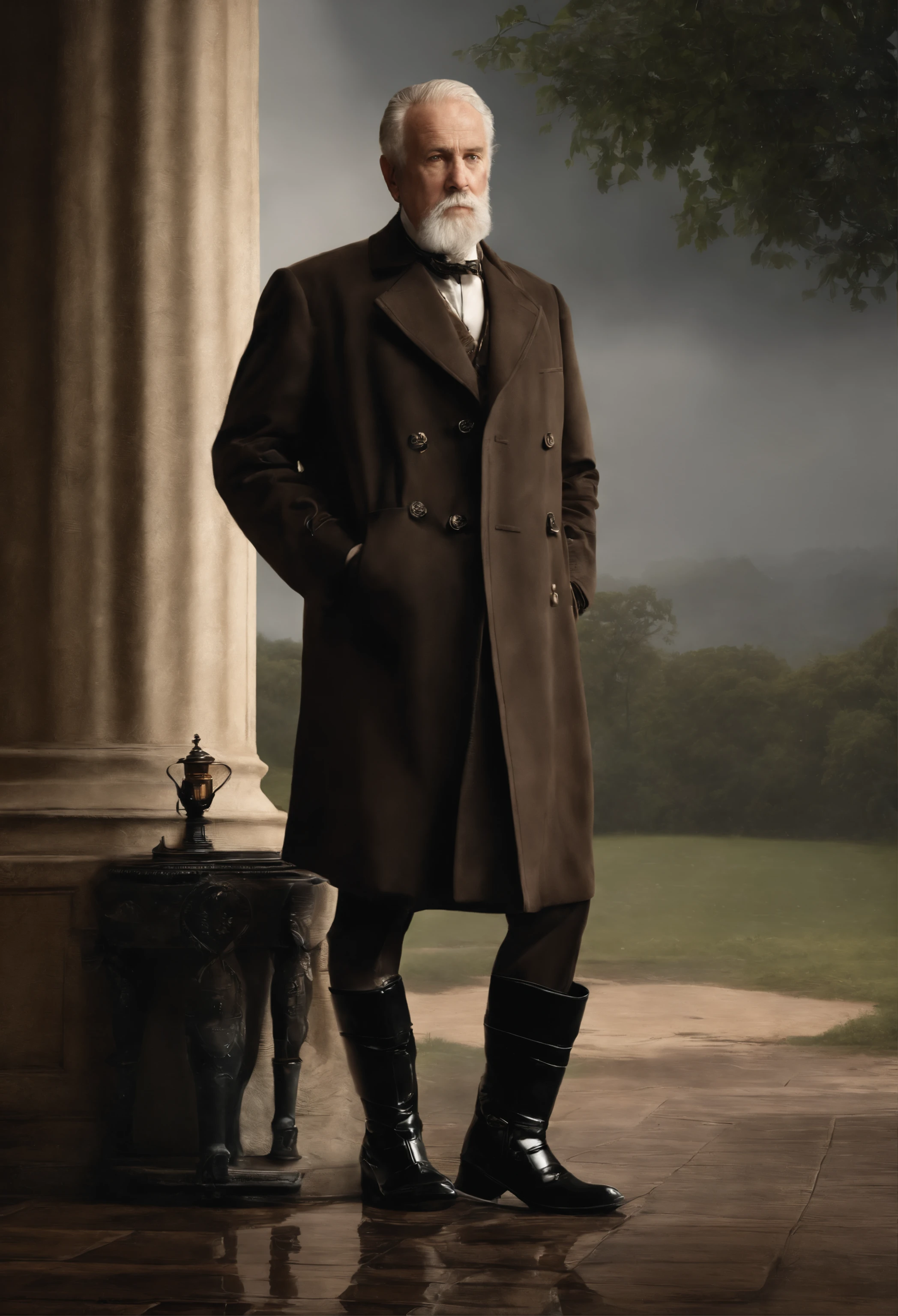Old gentleman with a goatee,sit on chair,Eyes look at boots,Black high-gloss rain boots, 8K分辨率,Wallpaper masterpiece,Best quality,digitial painting,Highly meticulous,Ultra high quality
