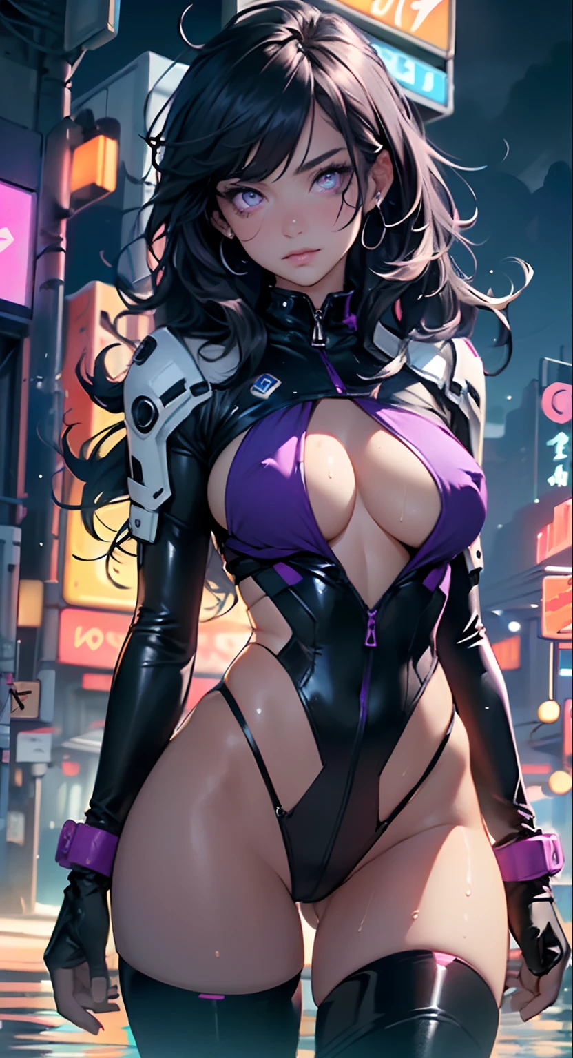 girl spacepunk,(((1girl))),((cute and beautiful black haired girl)),
(large breasts:1.4),saggy breasts,(((black wavy hair:1.35,absurdly long unkempt hair,messy hair,colored inner hair,ear breathing))),(((neon purple eyes:1.3))),intricate eyes,beautiful detailed eyes,neon color eyes:1.5,glowing eyes,symmetrical eyes,((fat)),(((lustrous skin:1.5,bright skin: 1.5,skin tanned,shiny skin,very shiny skin,shiny body,plastic glitter skin,exaggerated shiny skin,illuminated skin,wet legs))),(spider lower abdomen,narrow waist,wide hip,athletic body,inflated legs,delicate detailed fingers,detailed body,human hands,(detailed face)),
cute,slutty,erotic,((nsfw)),
zettai ryouiki,revealing clothing,show skin,(wearing a mechanical space body armor:1.3,micro bikini,bare legs),with micro clothes,almost totally naked,with little clothing,tiny thong,generous neckline,(((wet clothes,intricate outfit,intricate clothes))),
dynamic pose:1.0,embarrassed,(centered,scale to fit dimensions,Rule of thirds),
cyberpunk city by the ocean at night, with bright neon signs and dark stormy clouds and puddles, scenery:1.25,
highres, sharp focus, (ultra detailed, extremely detailed), (photorealistic artwork:1.37),(extremely detailed CG unity 8k wallpaper),((synthwave background theme)),(((vibrant colors))),(intricate background),(masterpiece),(best quality),synthwave neon colors,