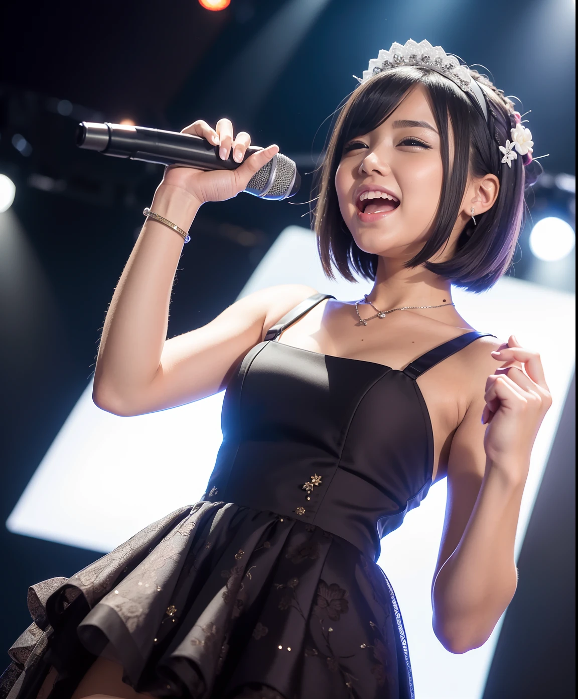 Diva in Japanese clothes、cute singer、Brown hair bob cut、blue eyes、smile、girl singing happily、concert venue background、