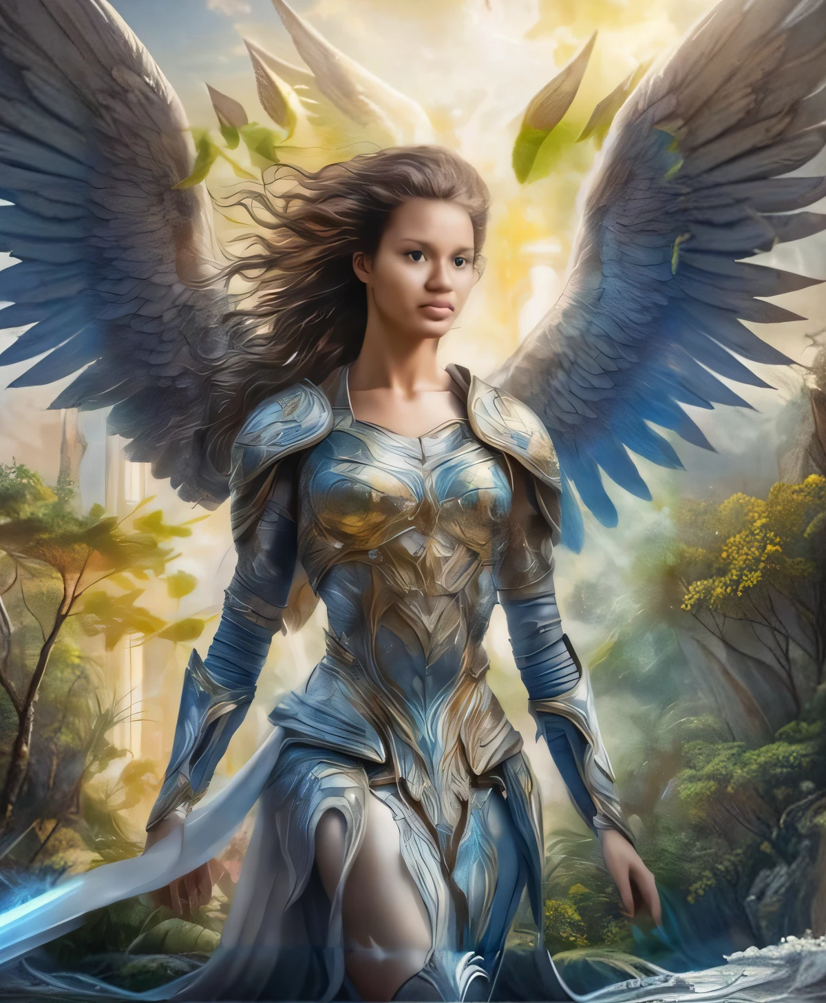 uma mulher de armadura com asas e uma espada em uma floresta, tall female angel, angel in plastic armor, menina do cavaleiro do anjo, anjo feminino bonito, Anjo majestoso de corpo inteiro, as a mystical valkyrie, Retrato de um anjo bonito, anjo bonito, de anjo lindo, mystical atlantean valkyrie, angel spirit guide, arcanjo, No estilo de Anne Stokes