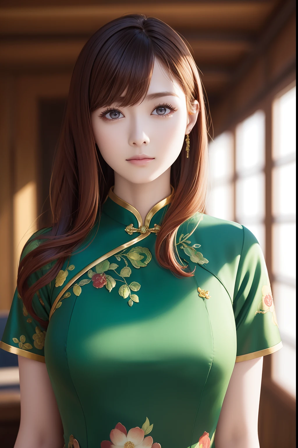The upper part of the body、an oil painting、masterpiece、top-quality、hight resolution、Redhead medium hair、bustshot、Light perm、Green cheongsam、shortsleeves、Serious look、Straight face、Luxury cheongsam