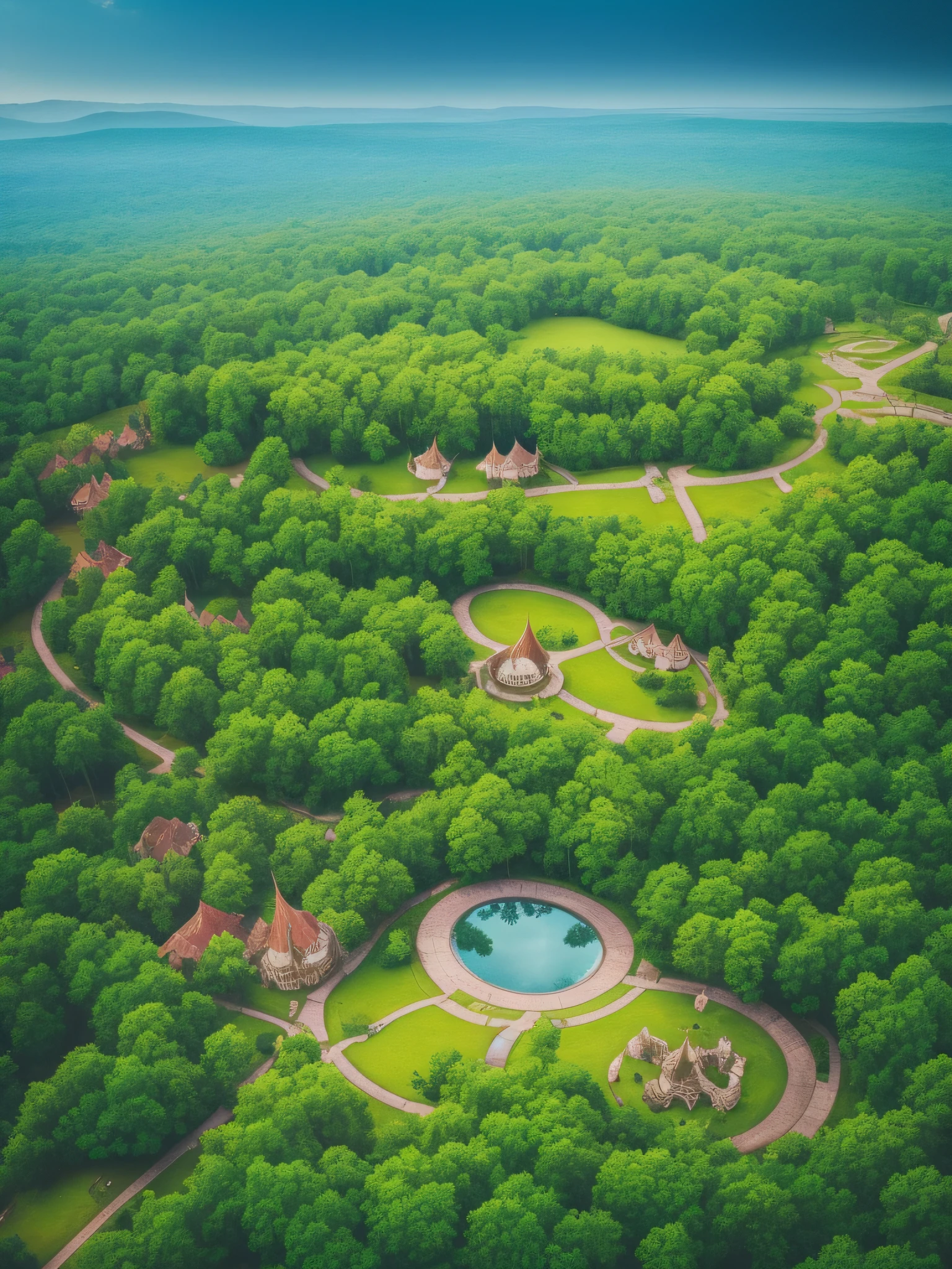 magical forest　View from above　Fantasia　Mystical　picture book-style　illustratio