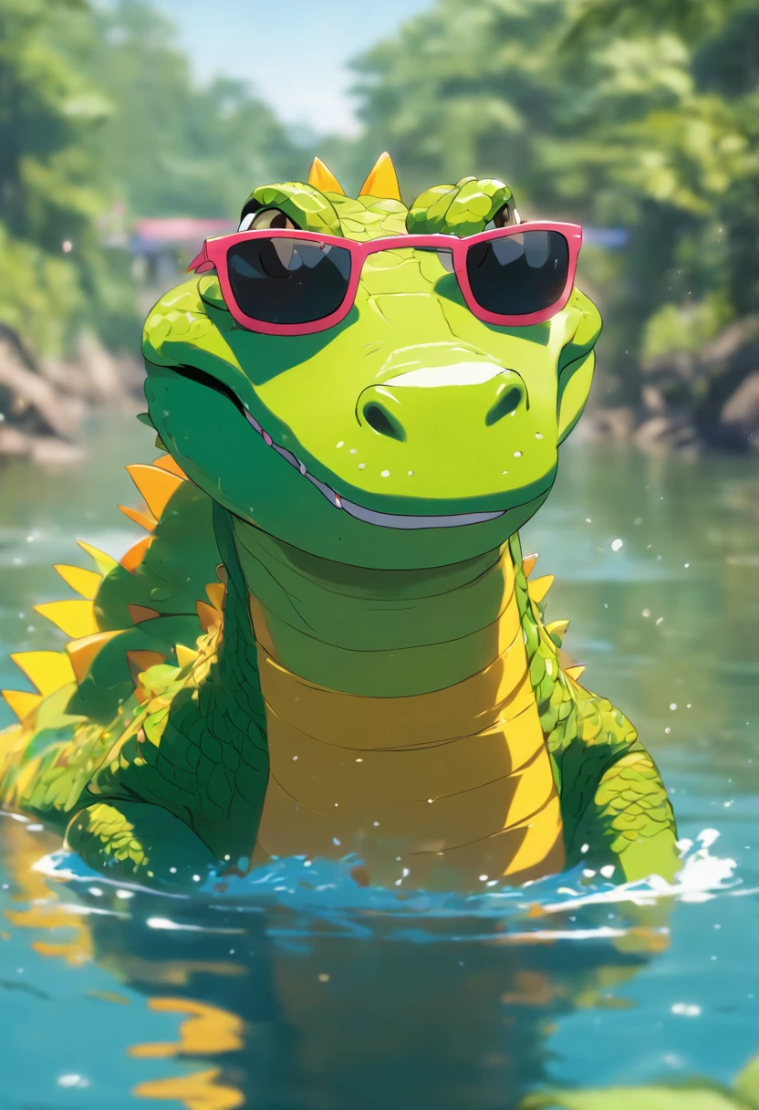aligator on a river using sunglasses. very detailed, and colorfull